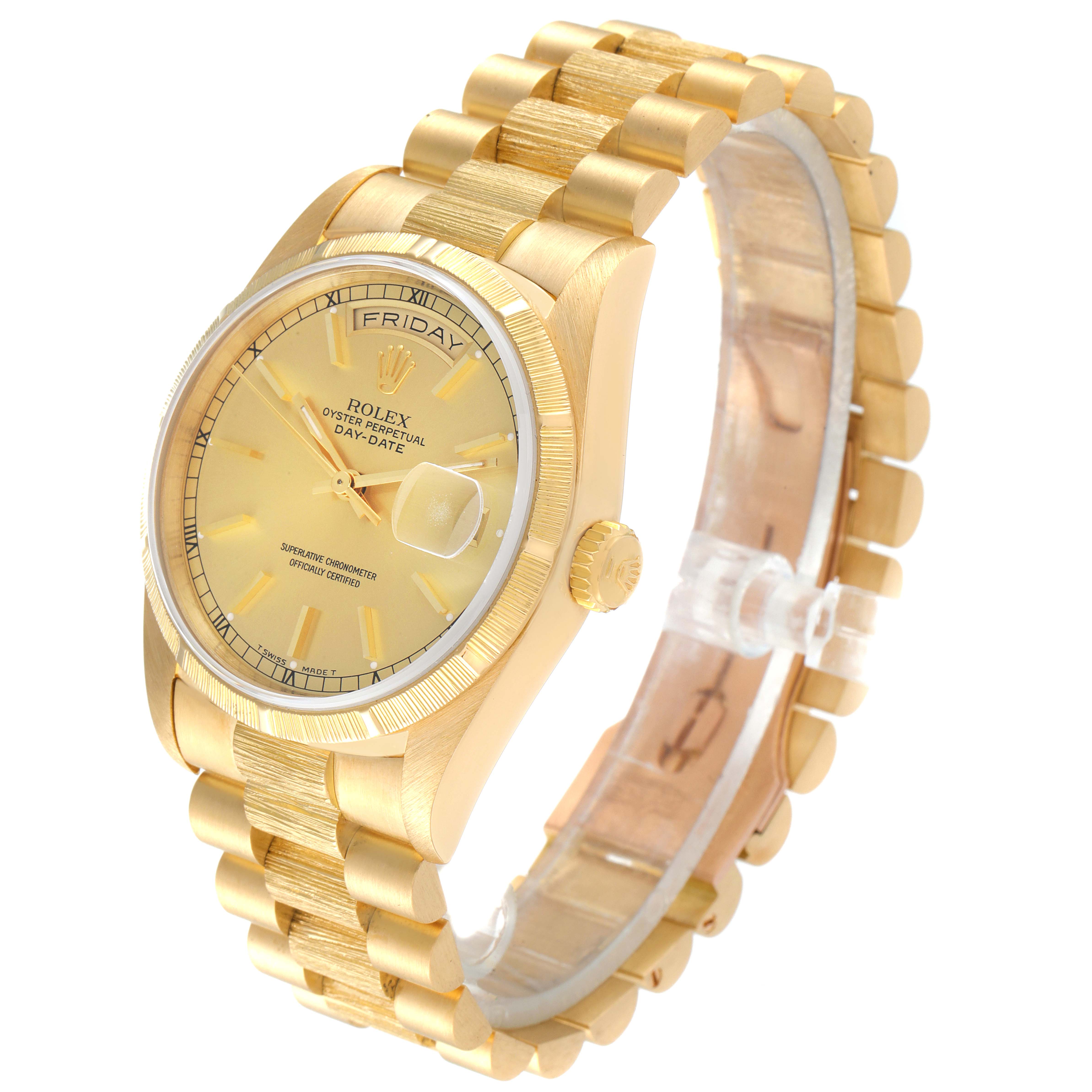 This image shows a side and partial front angle of a Rolex President 18248 Men's Yellow Gold Champagne Dial 18248 Men's Yellow Gold Champagne Dial model watch, displaying the bracelet, dial, and crown.