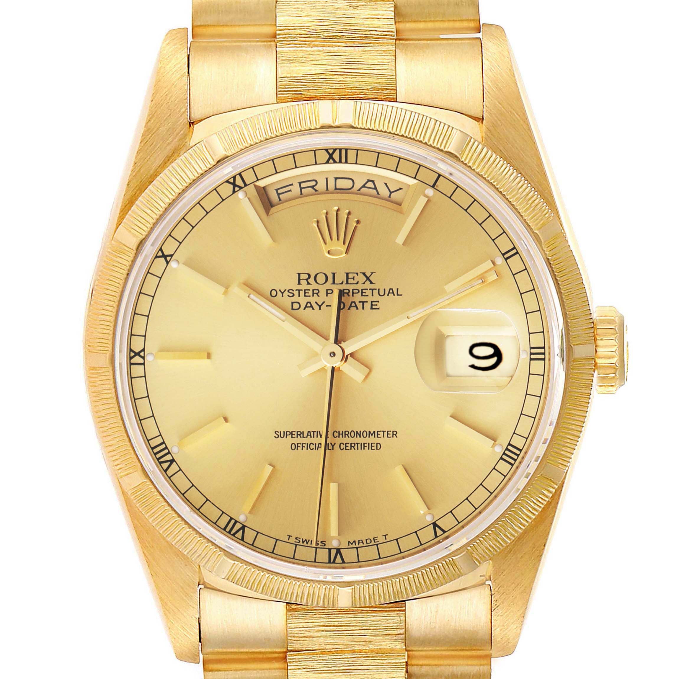 The image shows a front view of the Rolex President 18248 Men's Yellow Gold Champagne Dial 18248 Men's Yellow Gold Champagne Dial model watch's face and part of its gold bracelet.