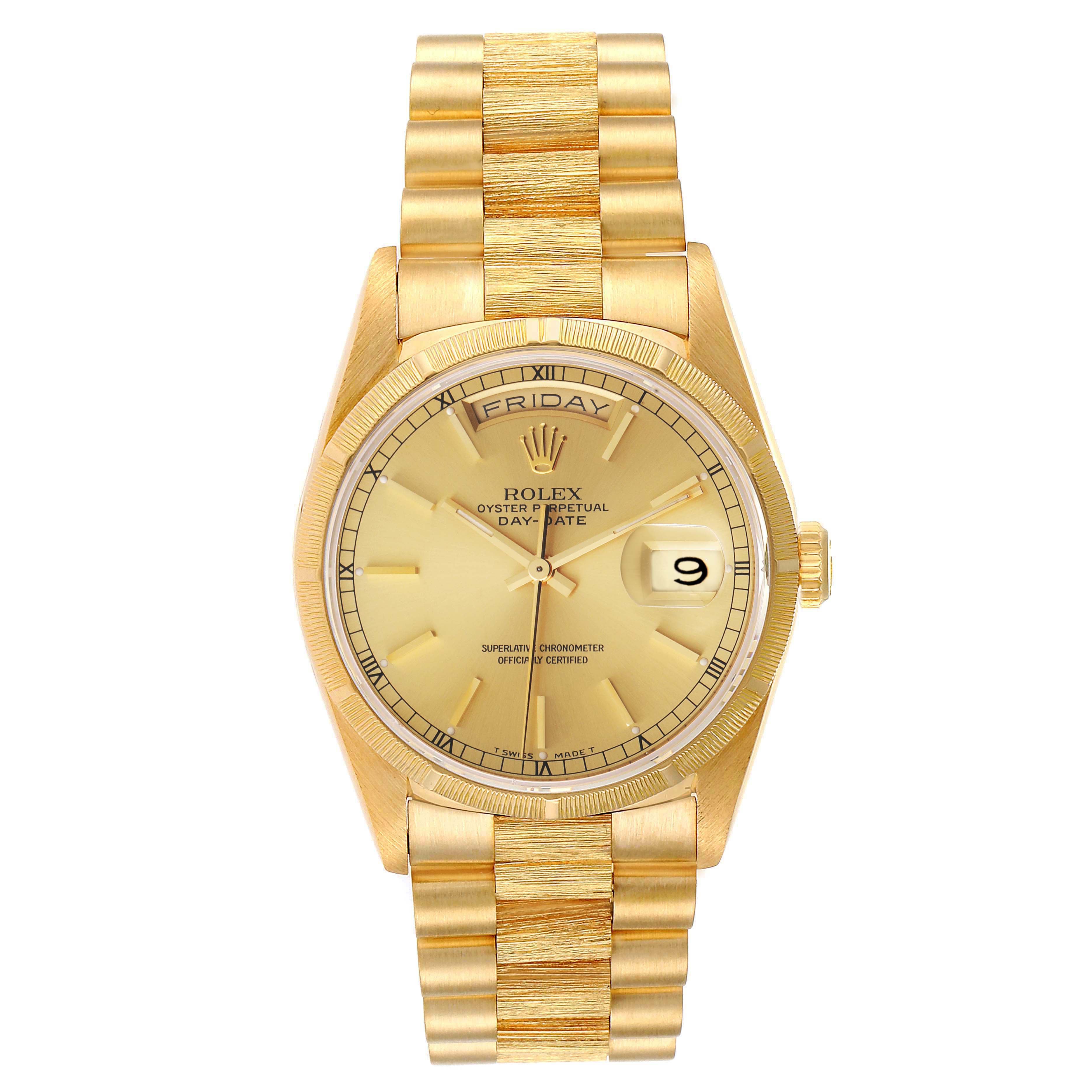 The image shows a front view of the Rolex President 18248 Men's Yellow Gold Champagne Dial 18248 Men's Yellow Gold Champagne Dial model watch, highlighting its dial, day and date display, and gold bracelet.