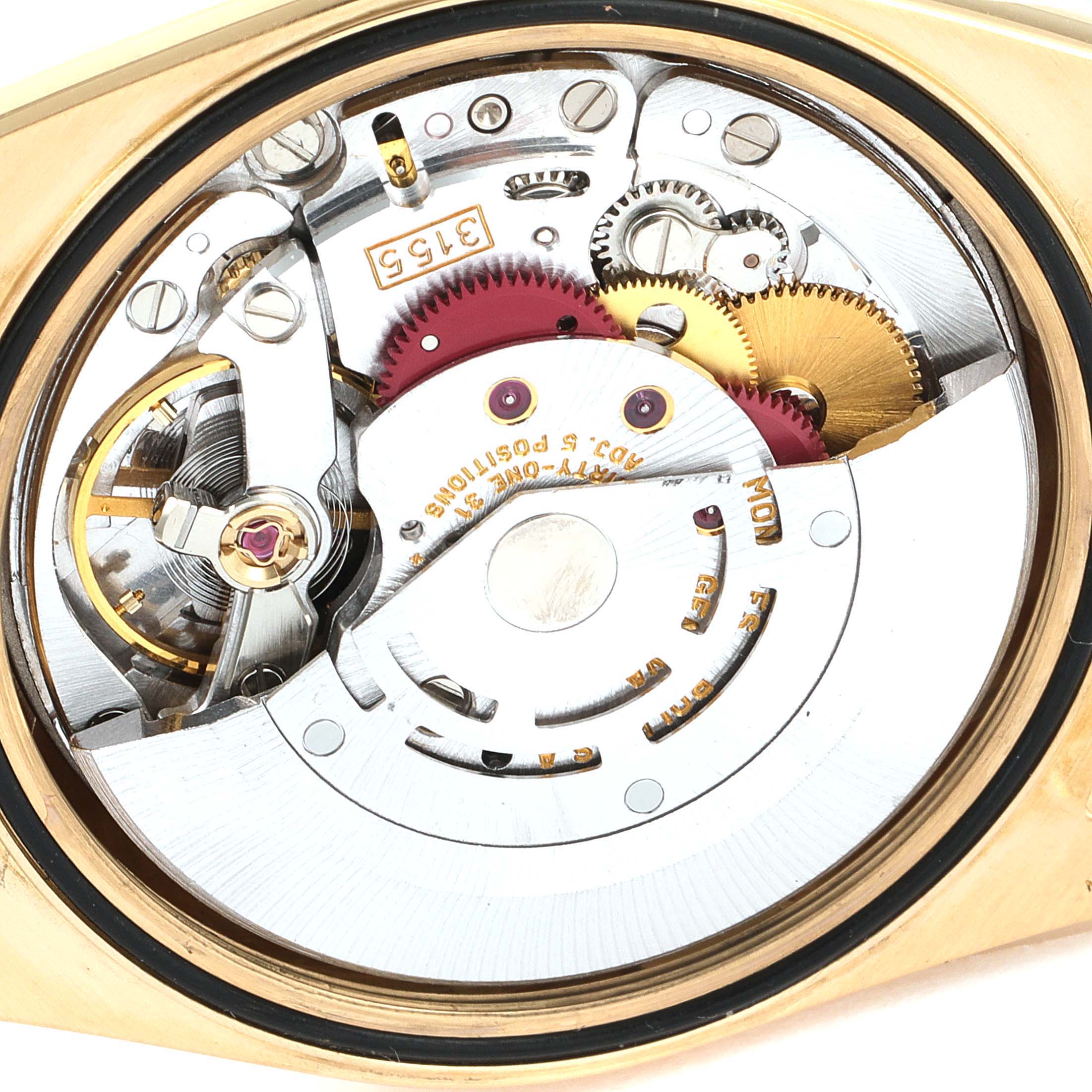 The image shows a close-up view of the internal mechanism of a Rolex President 18248 Men's Yellow Gold Champagne Dial 18248 Men's Yellow Gold Champagne Dial watch model.
