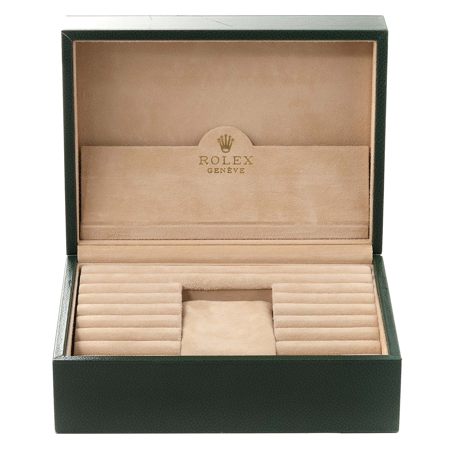 The image shows an open watch box for the Rolex President 18248 Men's Yellow Gold Champagne Dial 18248 Men's Yellow Gold Champagne Dial model, featuring a beige interior with compartments for watches and accessories.