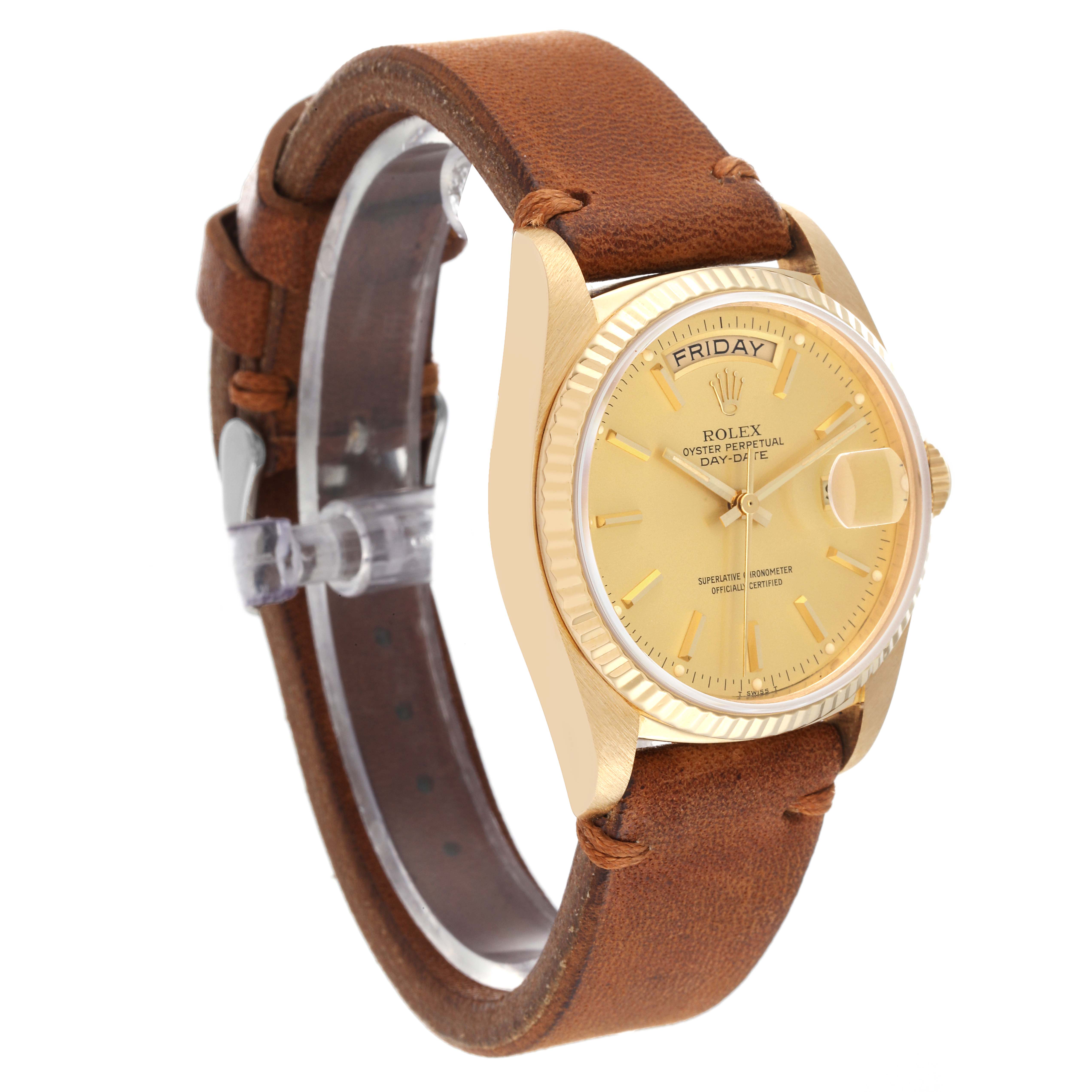 The image shows a Rolex President 18038 Men's Yellow Gold Champagne Dial 18038 Men's Yellow Gold Champagne Dial model watch with a gold face and brown leather strap viewed at a three-quarter angle from the front.