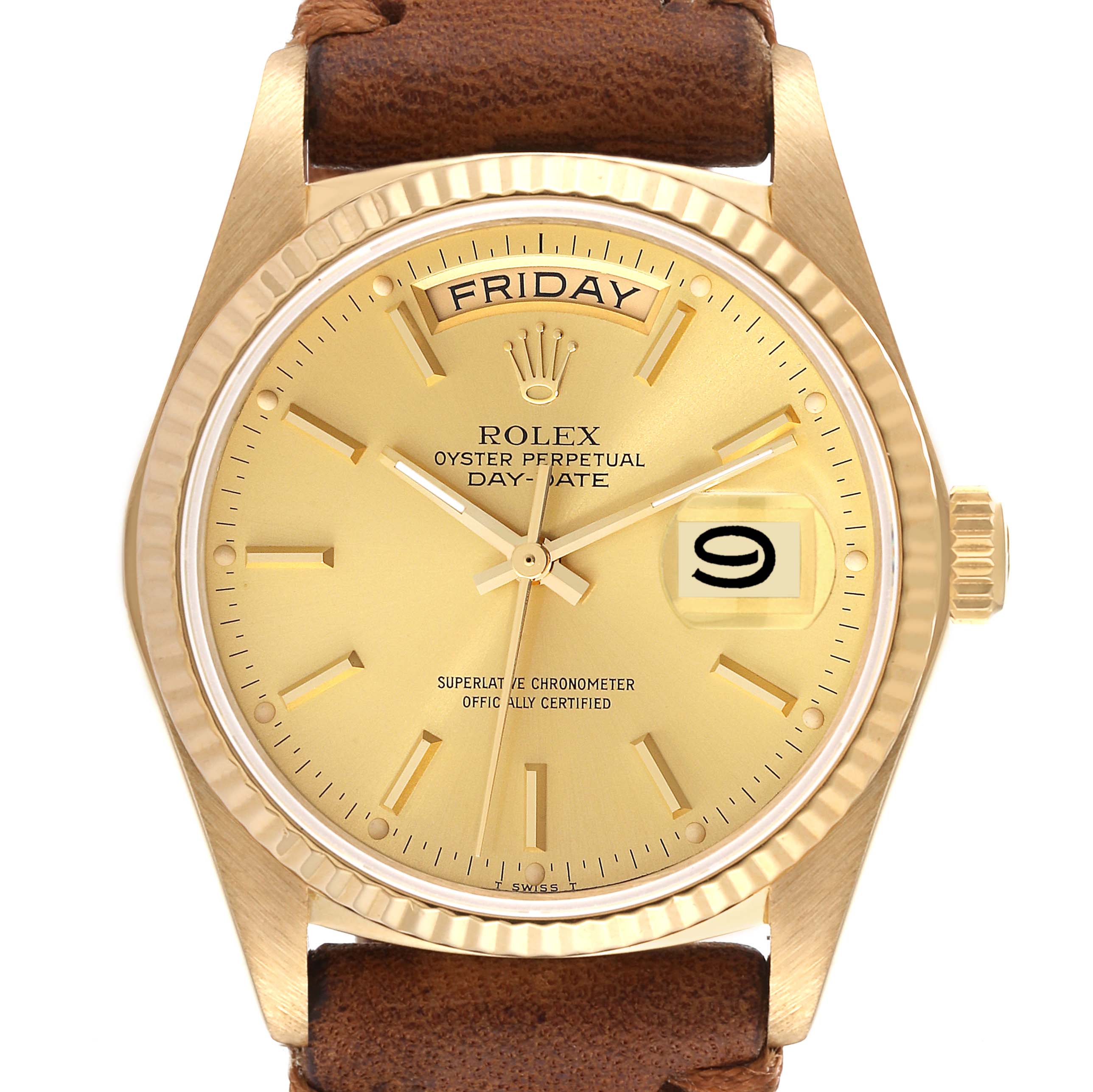 The image shows the Rolex President 18038 Men's Yellow Gold Champagne Dial 18038 Men's Yellow Gold Champagne Dial model watch from the front, detailing its face, bezel, crown, and part of the strap.