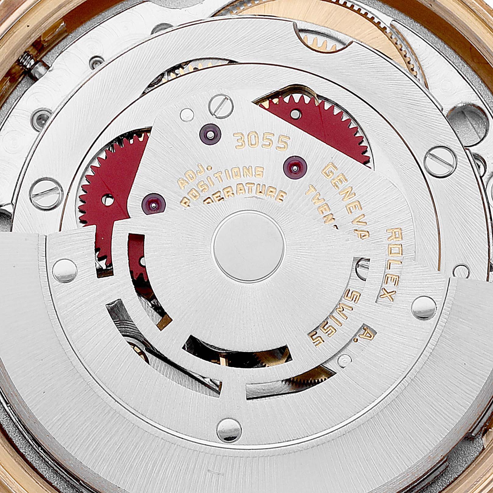 This close-up image shows the intricate inner movement of a Rolex President 18038 Men's Yellow Gold Champagne Dial 18038 Men's Yellow Gold Champagne Dial model watch, displaying gears and rotor details.