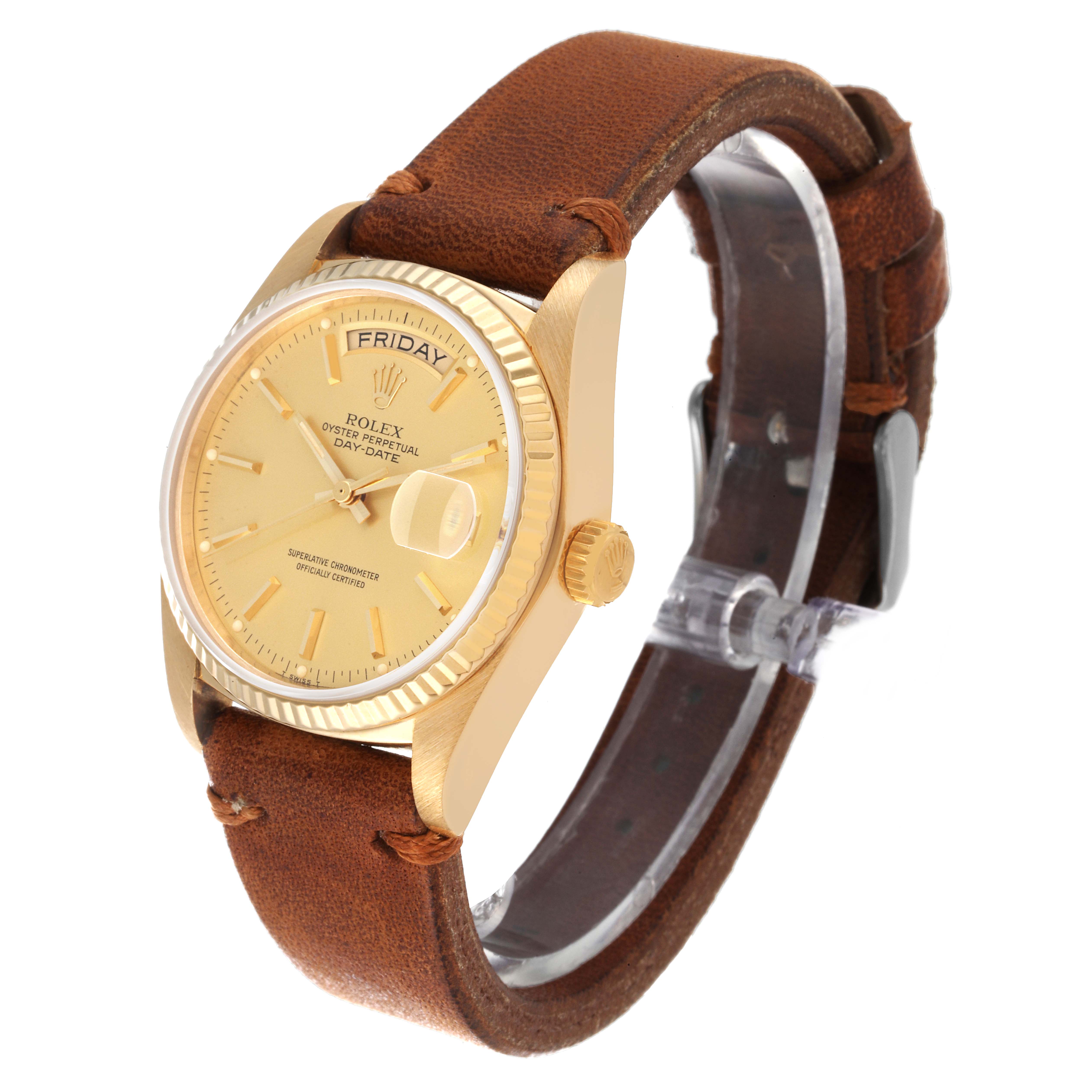 The Rolex President 18038 Men's Yellow Gold Champagne Dial 18038 Men's Yellow Gold Champagne Dial model watch is shown at an angle displaying the face, crown, and brown leather strap.