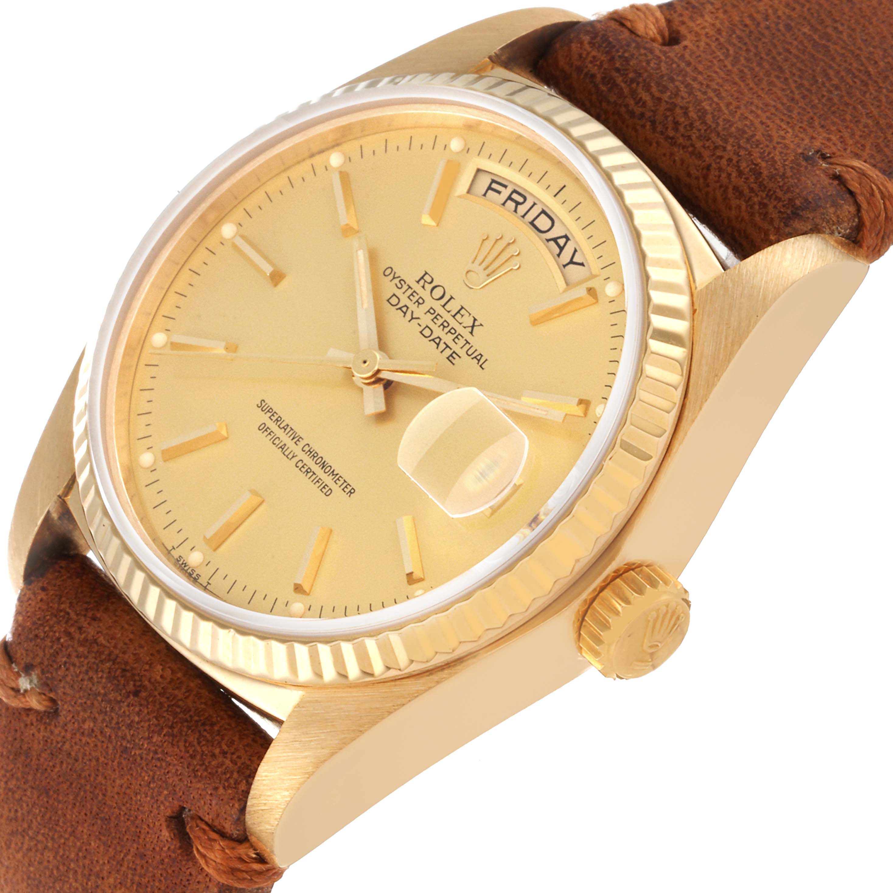 The image shows a close-up, angled view of the dial, bezel, crown, and part of the leather strap of the Rolex President 18038 Men's Yellow Gold Champagne Dial 18038 Men's Yellow Gold Champagne Dial model watch.