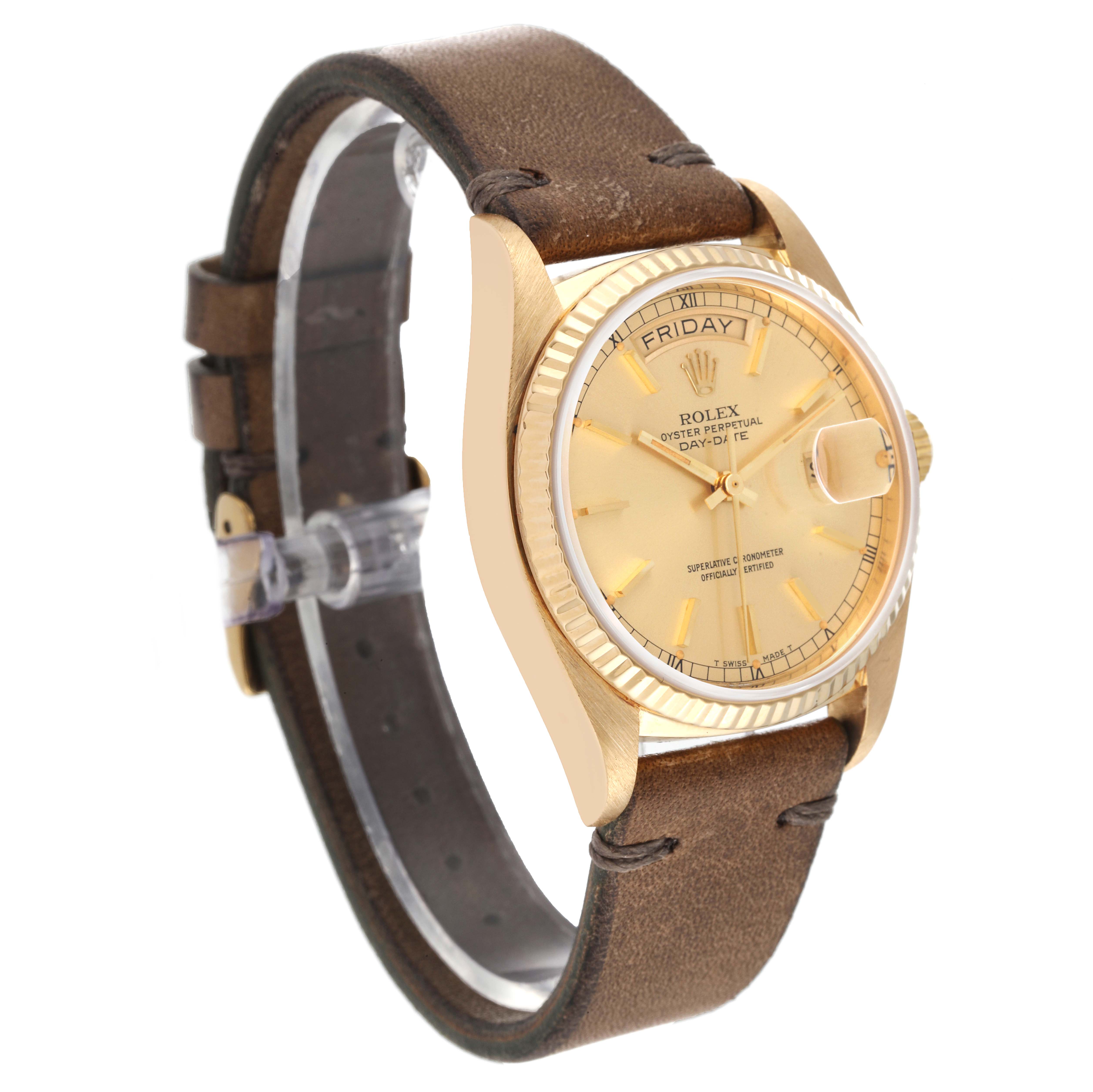 The image shows a Rolex President 18038 Men's Yellow Gold Champagne Dial 18038 Men's Yellow Gold Champagne Dial model watch at a 3/4 angle, highlighting the dial, bezel, case, and brown leather strap.