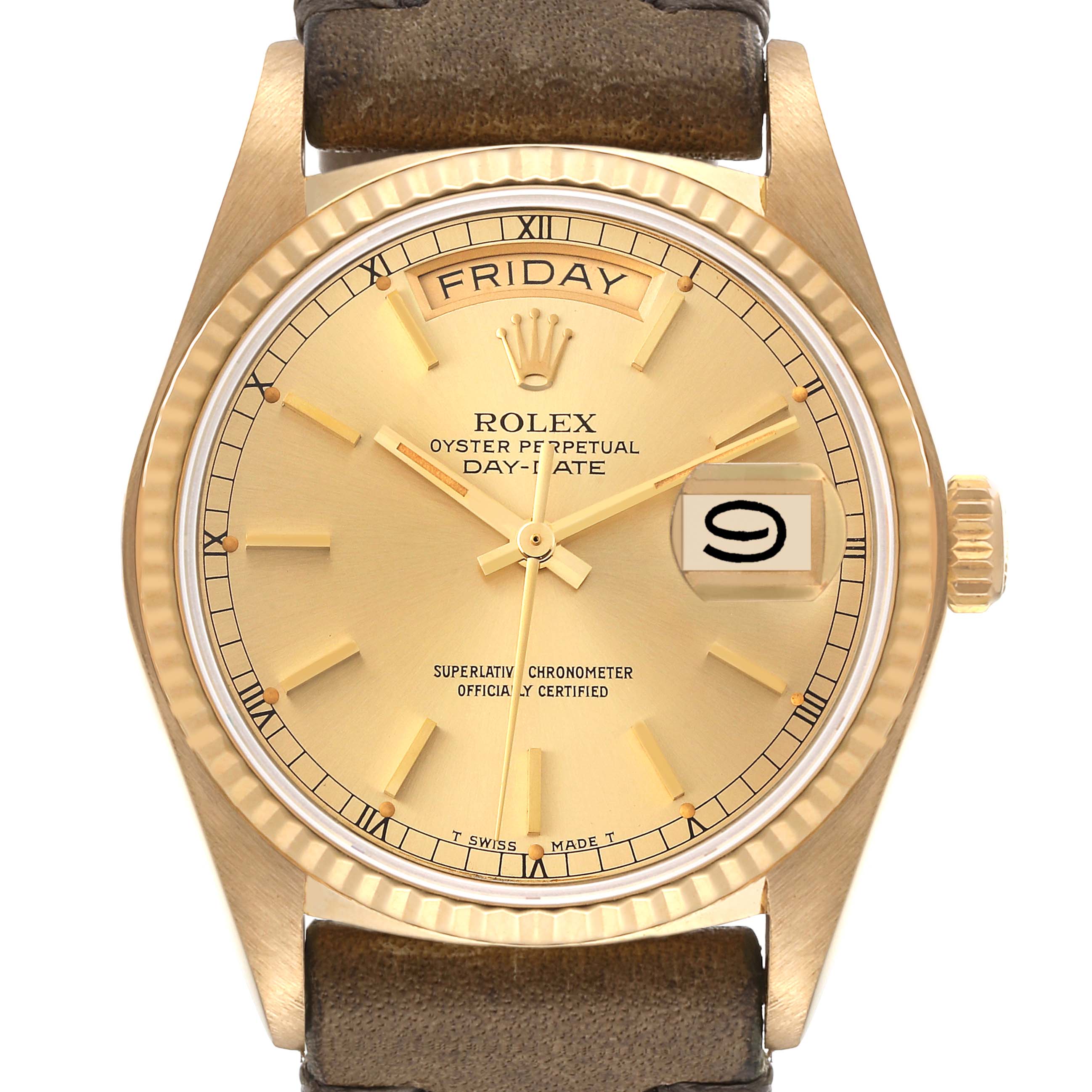 This image shows a front view of the Rolex President 18038 Men's Yellow Gold Champagne Dial 18038 Men's Yellow Gold Champagne Dial Day-Date watch, highlighting the dial, bezel, and crown.