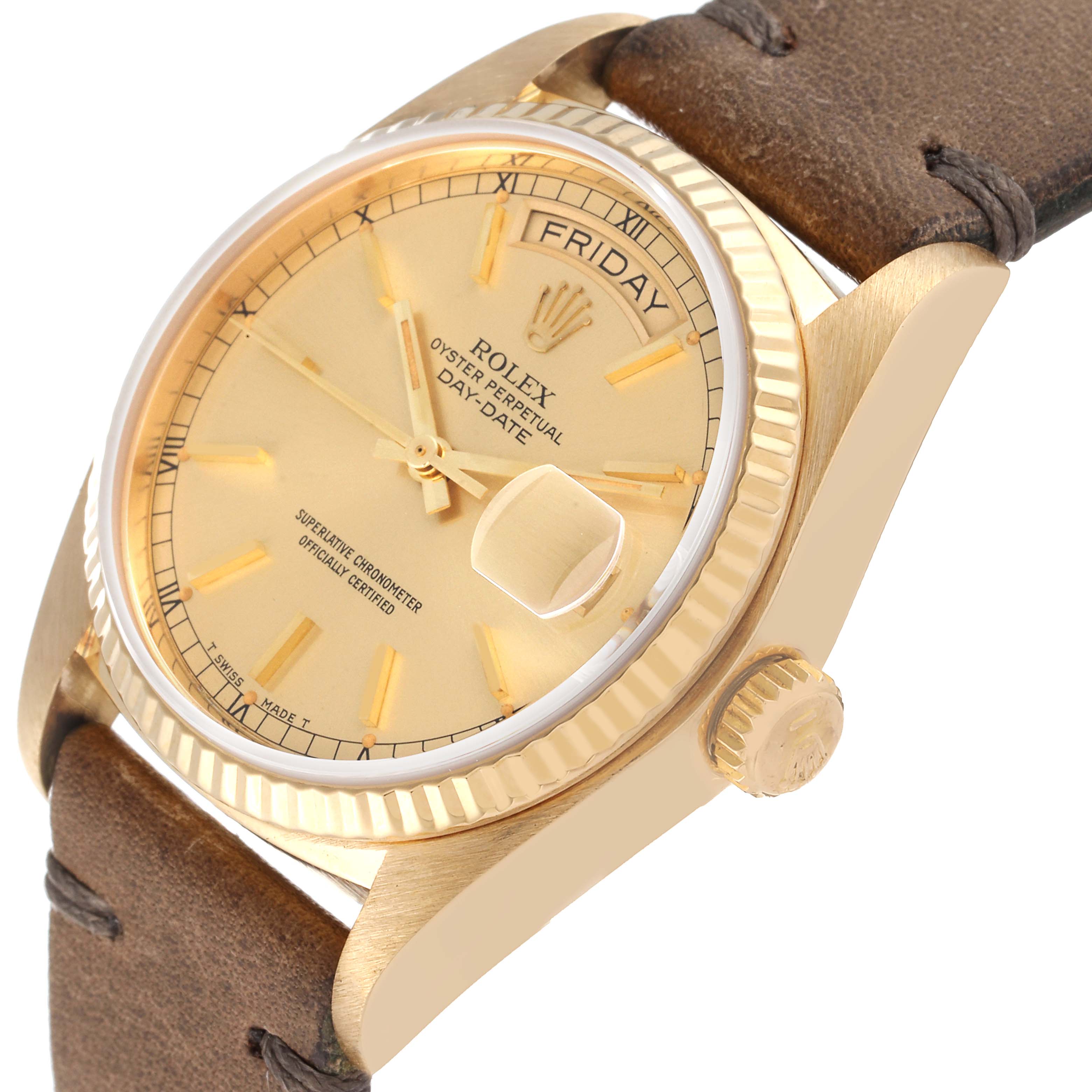 The image shows a Rolex President 18038 Men's Yellow Gold Champagne Dial 18038 Men's Yellow Gold Champagne Dial Day-Date watch from a three-quarter angle, highlighting the dial and partially showing the crown and leather strap.