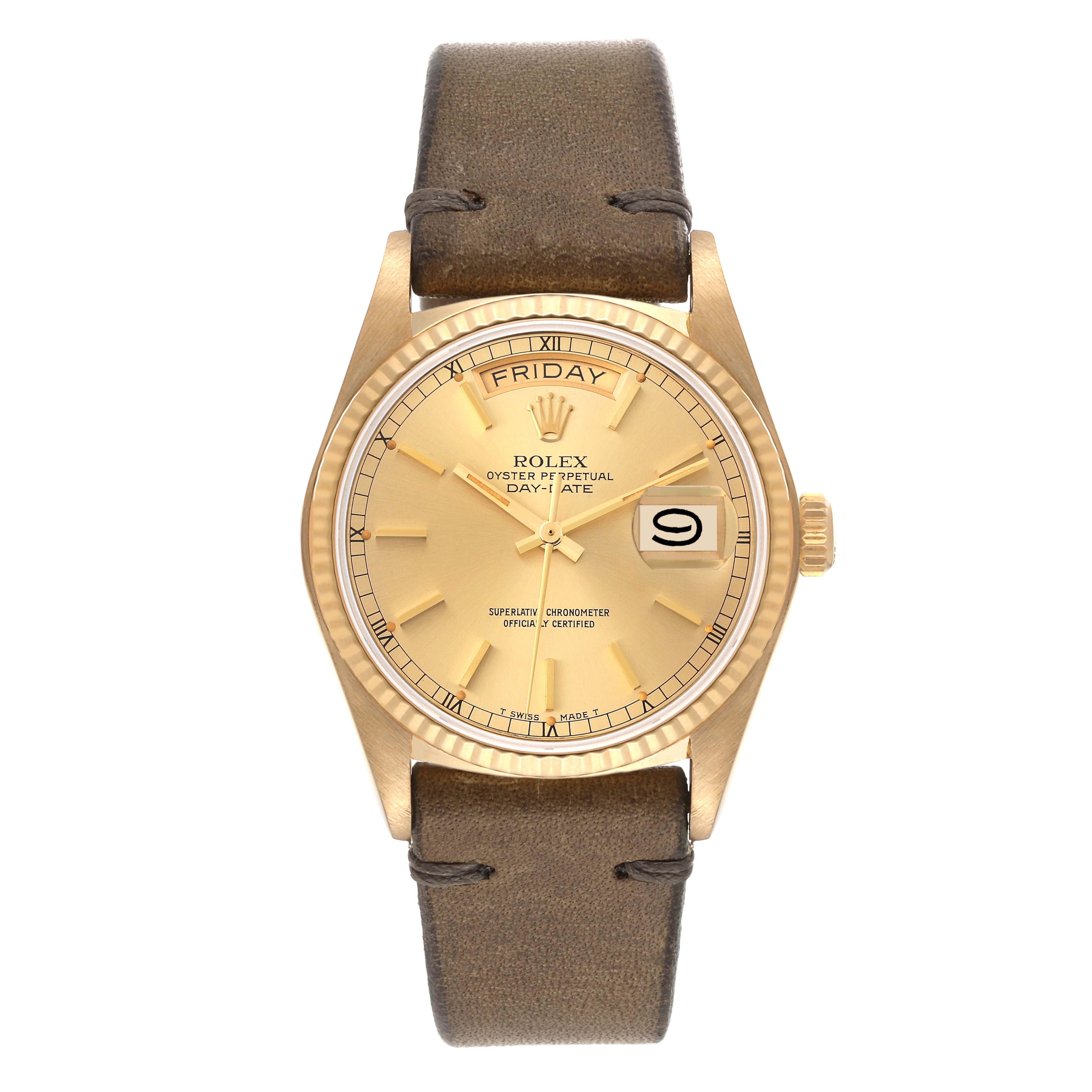 The image shows a Rolex President 18038 Men's Yellow Gold Champagne Dial 18038 Men's Yellow Gold Champagne Dial model watch from a top-down angle, highlighting its dial, bezel, and strap.