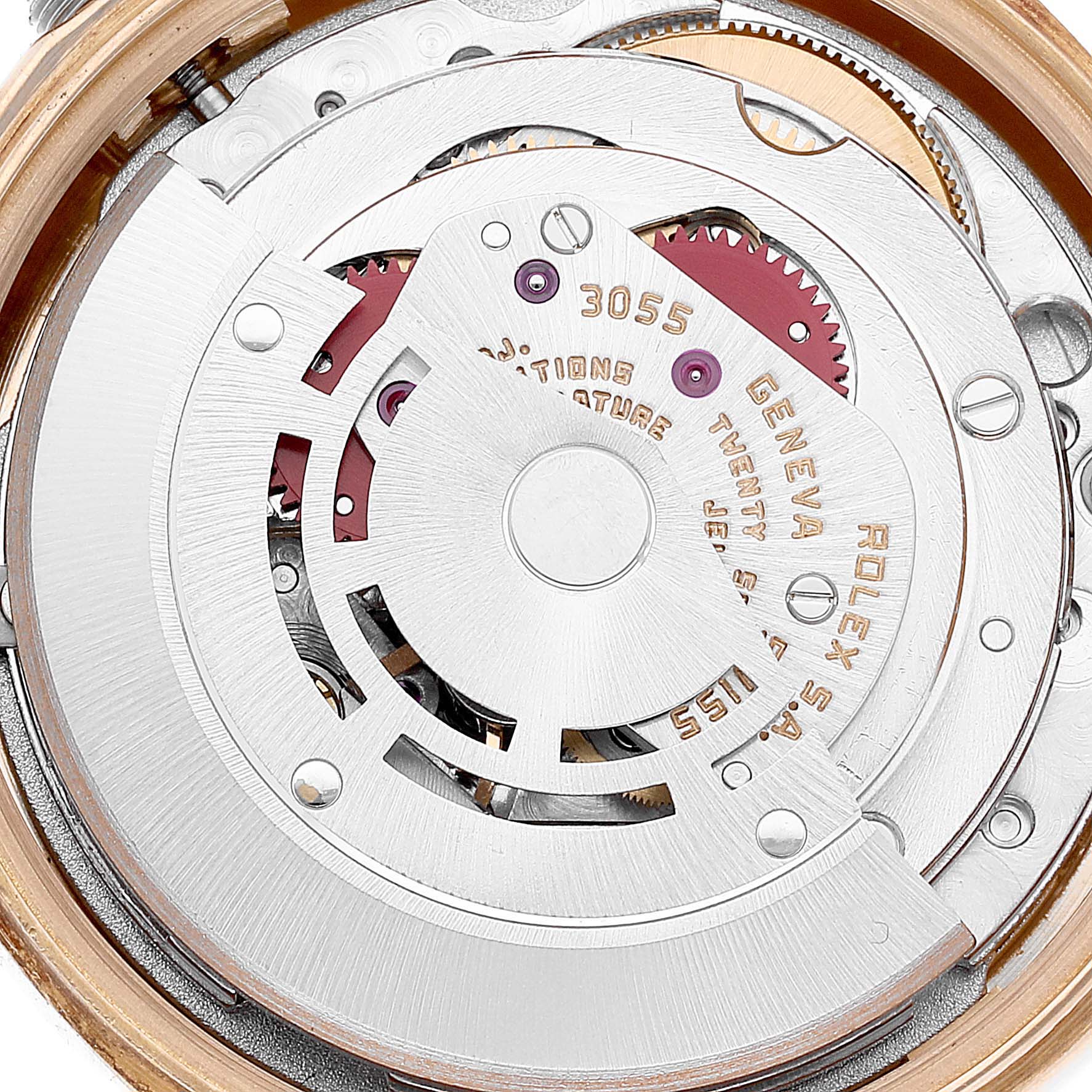 This image shows the intricate movement mechanism of the Rolex President 18038 Men's Yellow Gold Champagne Dial 18038 Men's Yellow Gold Champagne Dial model watch from a close-up angle.