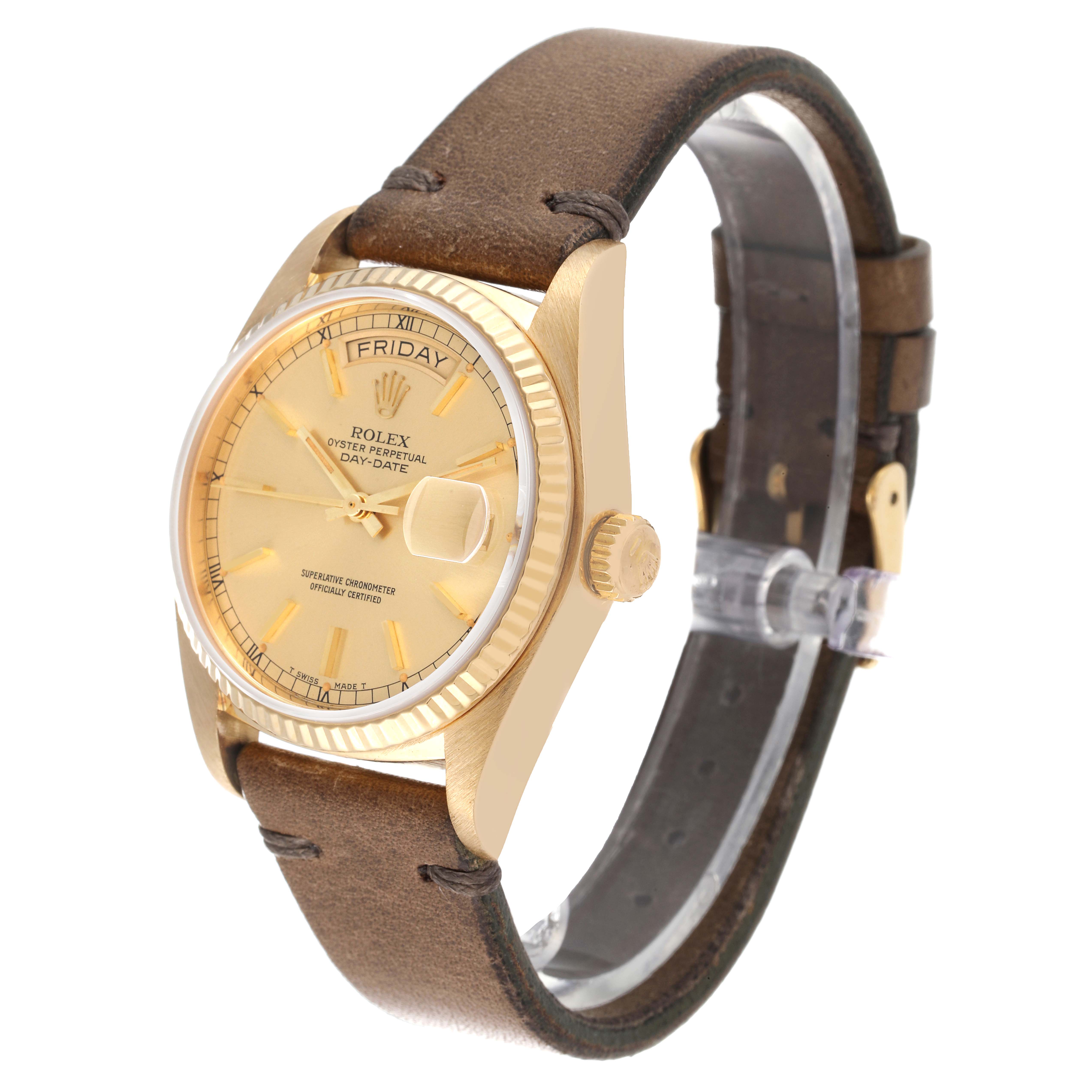 The image shows a side angle of a Rolex President 18038 Men's Yellow Gold Champagne Dial 18038 Men's Yellow Gold Champagne Dial model watch, highlighting the watch face, crown, and brown leather strap.