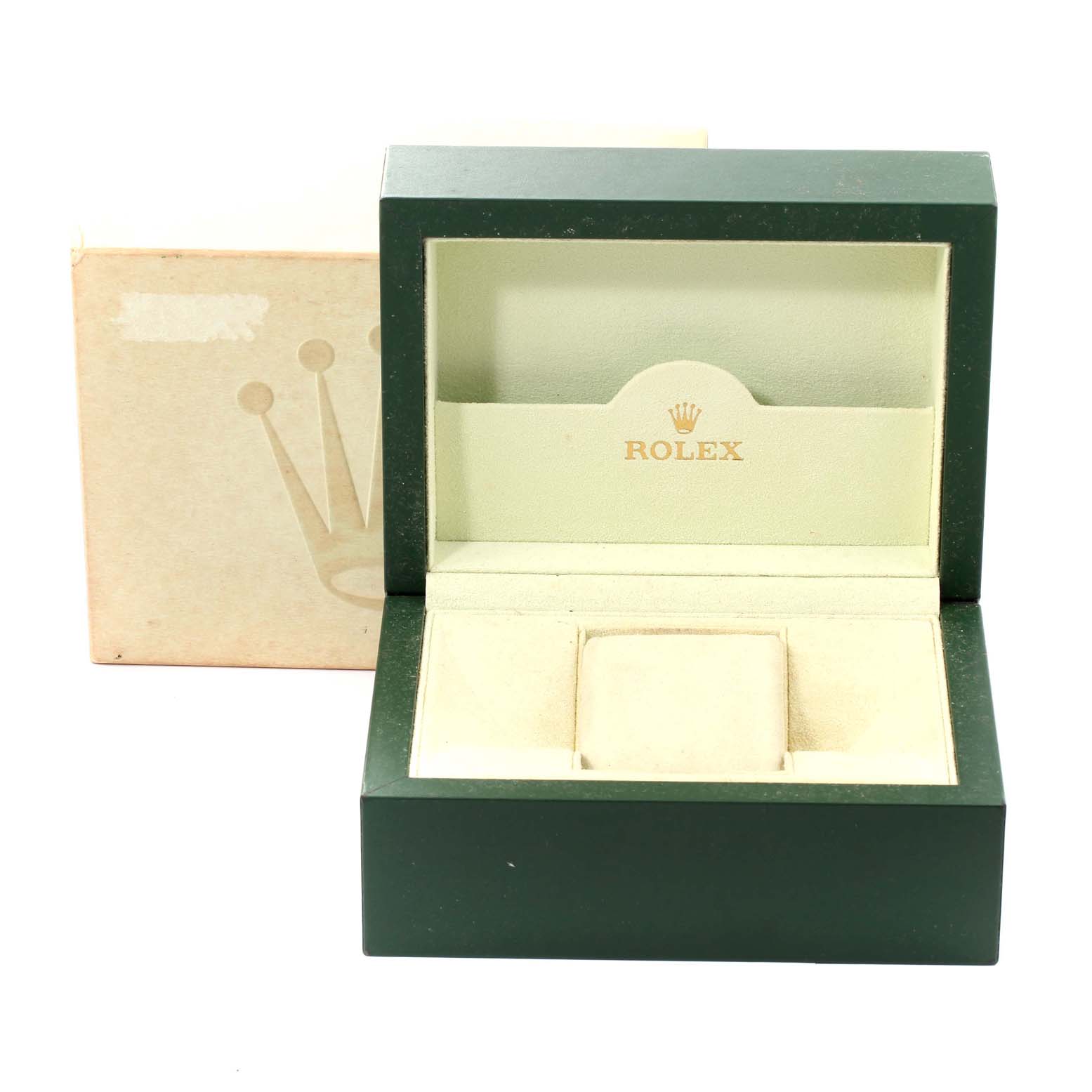 The image shows an open Rolex Explorer 114270 Men's Stainless Steel Black Dial 114270 Men's Stainless Steel Black Dial watch box with a green exterior and beige interior, along with the protective outer box.