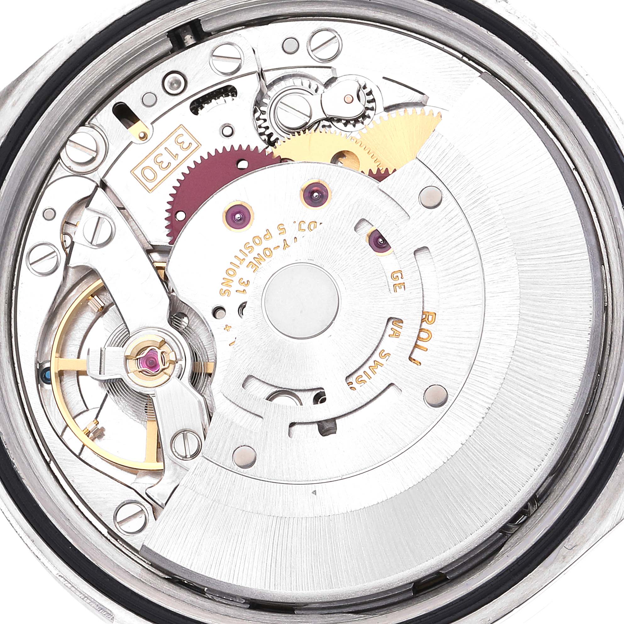 This image shows the internal mechanical movement of a Rolex Explorer 114270 Men's Stainless Steel Black Dial 114270 Men's Stainless Steel Black Dial watch.