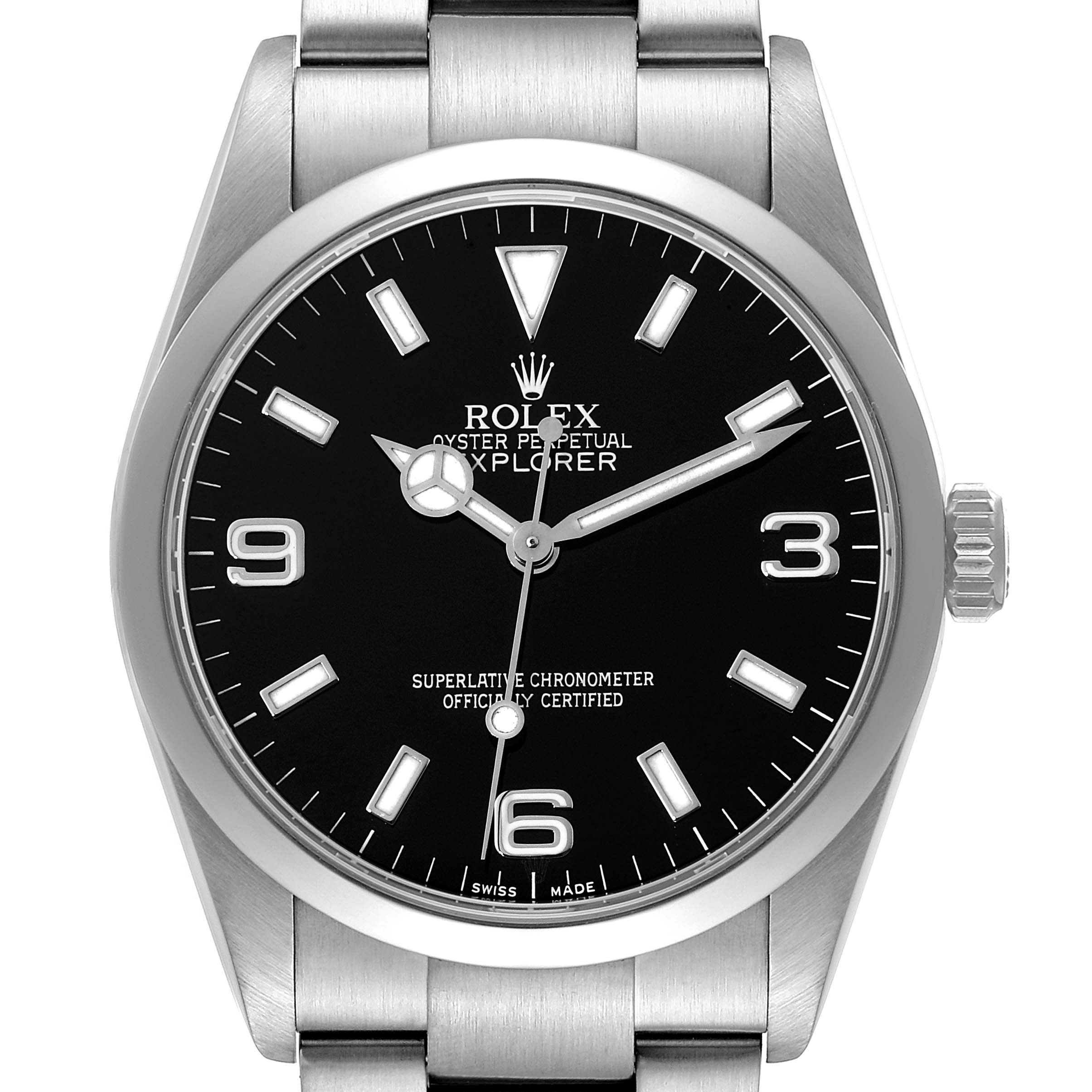 This image shows a frontal view of the Rolex Explorer 114270 Men's Stainless Steel Black Dial 114270 Men's Stainless Steel Black Dial watch, highlighting the dial, hands, crown, and metal bracelet.