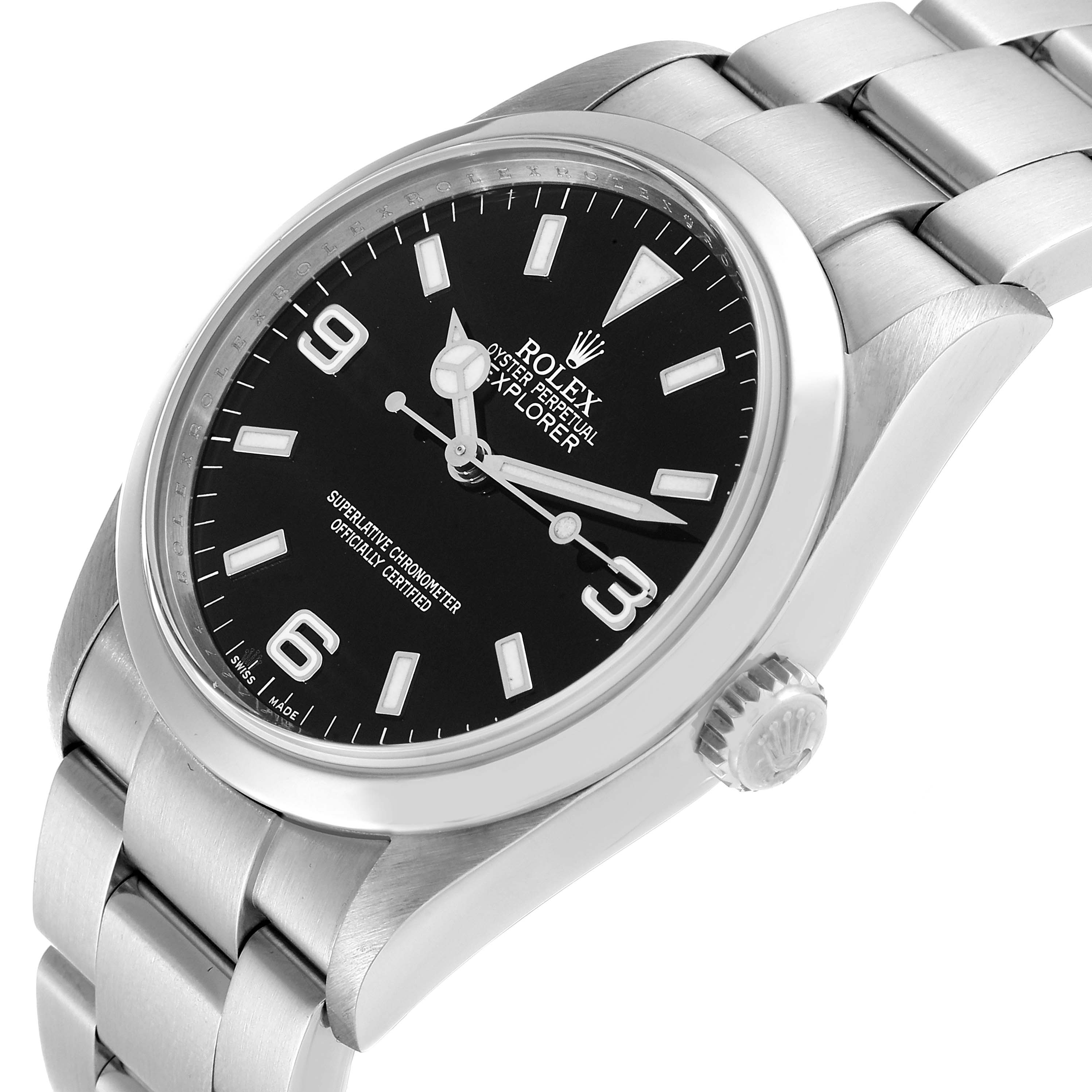 The image shows the Rolex Explorer 114270 Men's Stainless Steel Black Dial 114270 Men's Stainless Steel Black Dial watch from an angled perspective, highlighting the face, bezel, crown, and bracelet.
