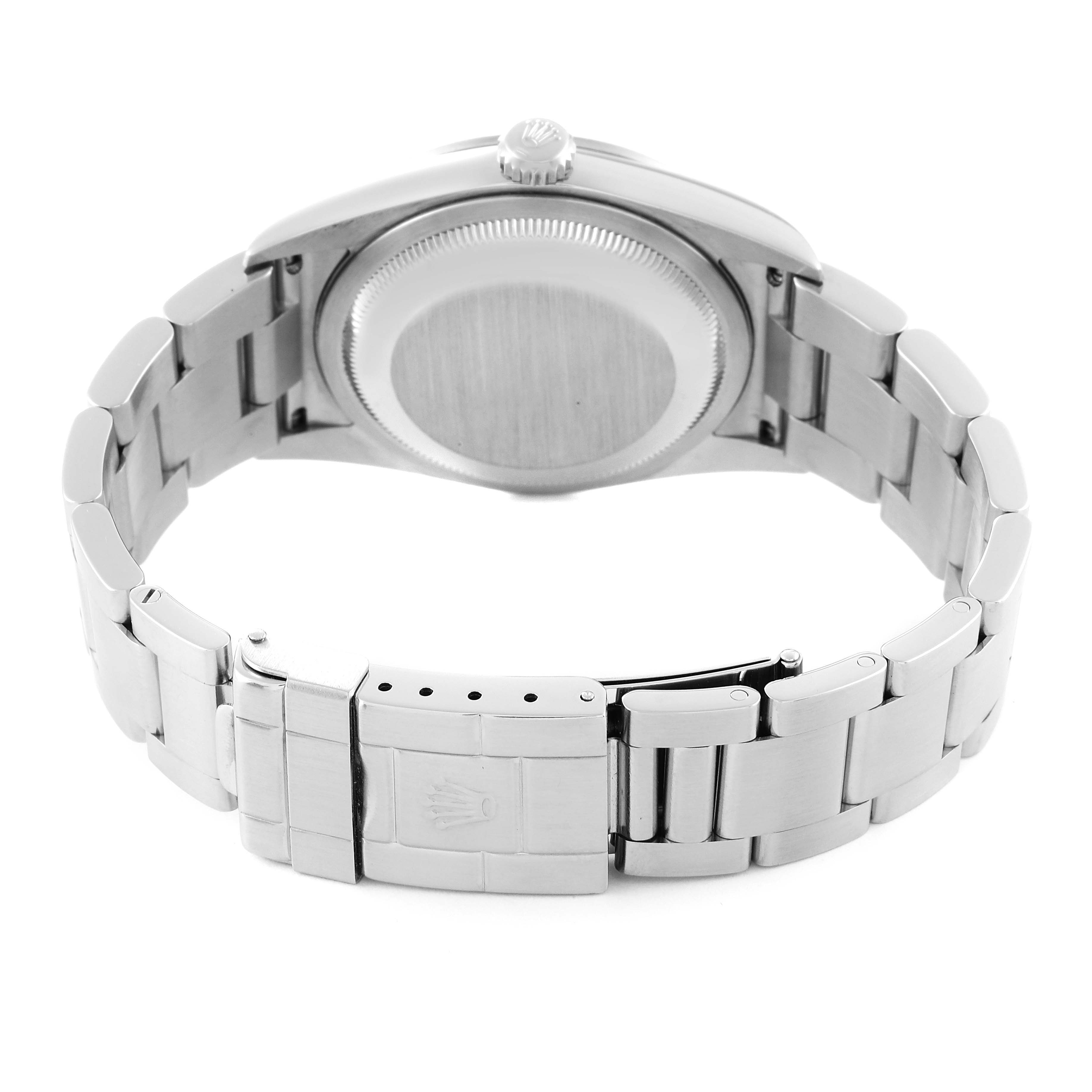 The image shows the back view of a Rolex Explorer 114270 Men's Stainless Steel Black Dial 114270 Men's Stainless Steel Black Dial watch, highlighting the case back, crown, and stainless steel bracelet with the clasp.