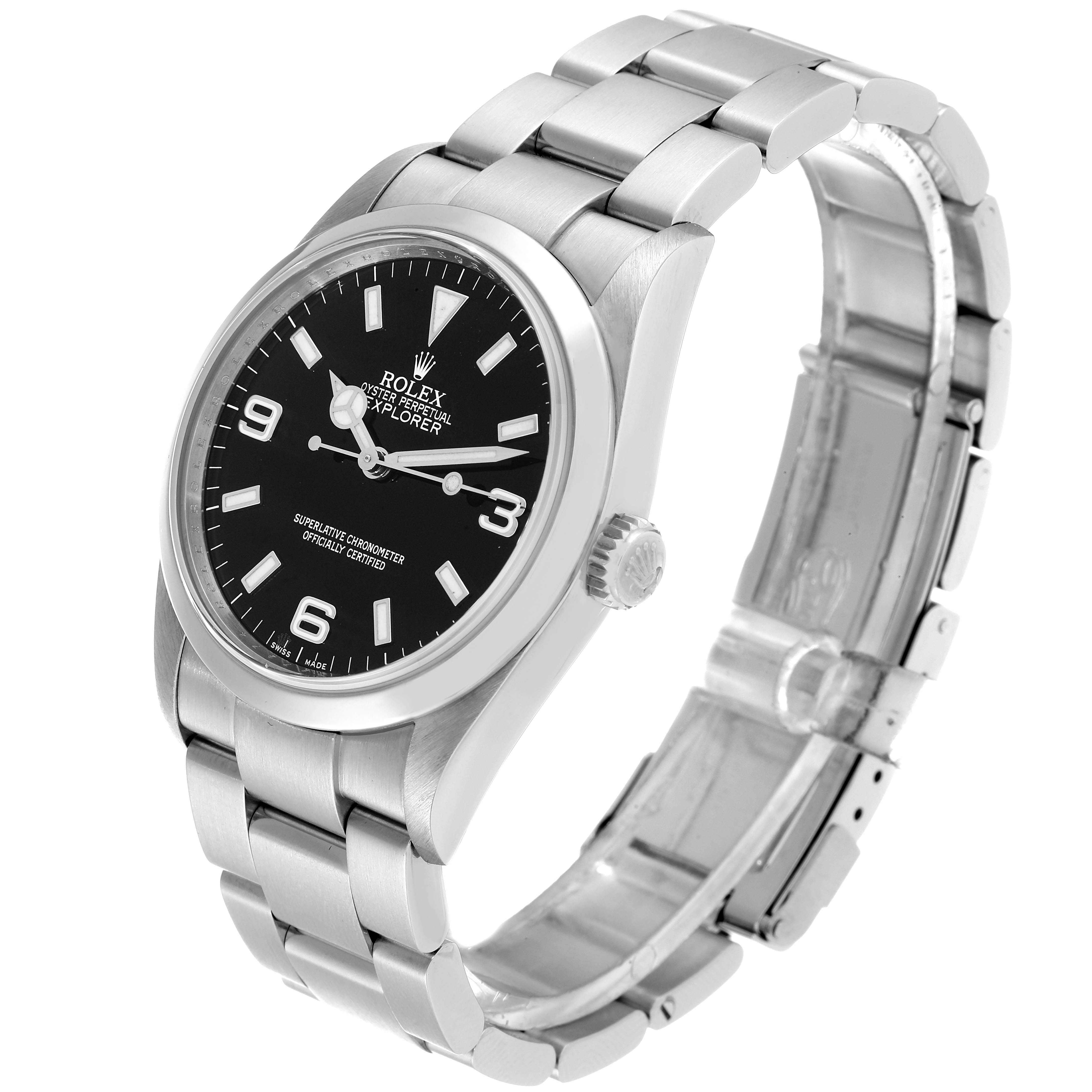 This image shows a Rolex Explorer 114270 Men's Stainless Steel Black Dial 114270 Men's Stainless Steel Black Dial watch at a three-quarter angle, highlighting the dial, bracelet, and clasp.