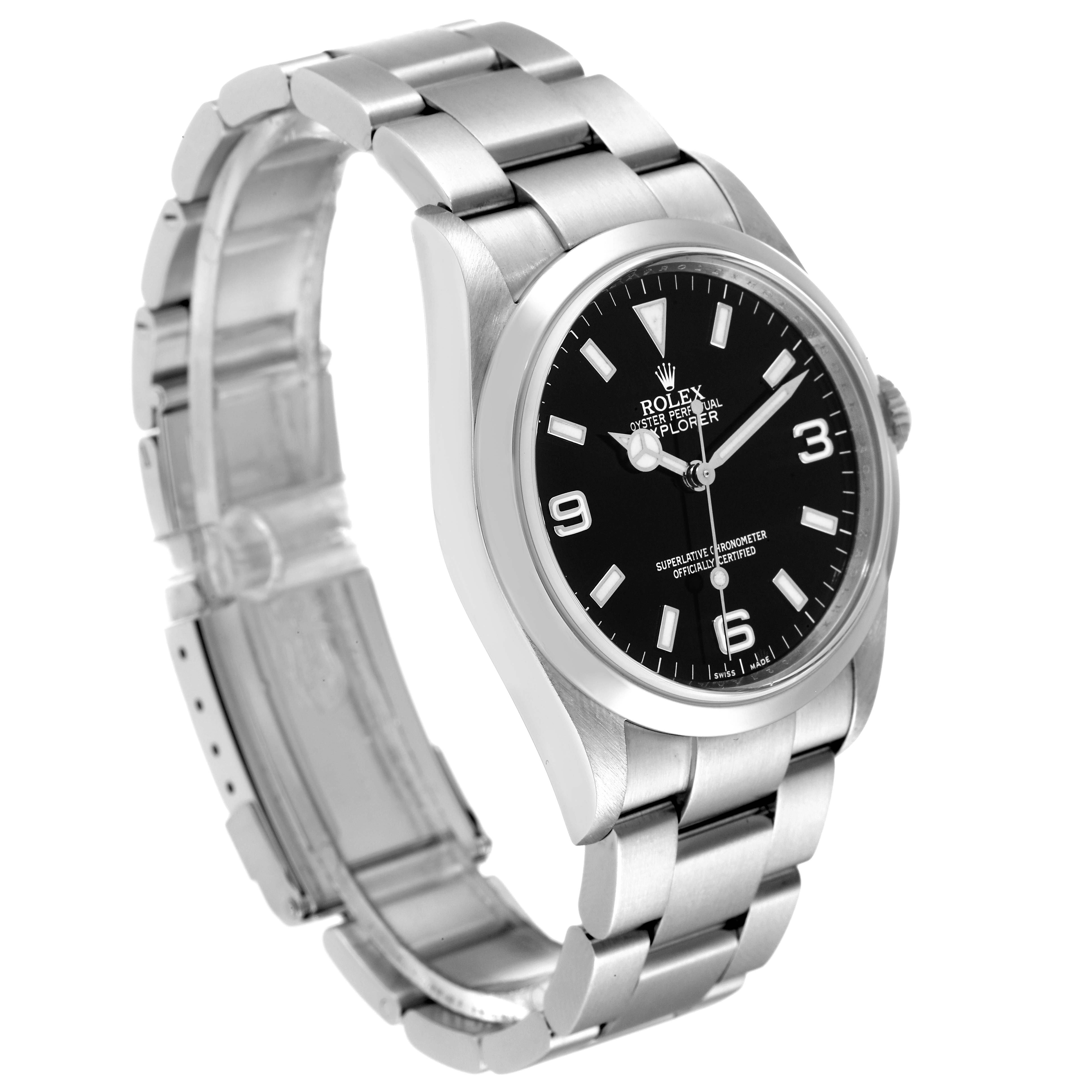 The Rolex Explorer 114270 Men's Stainless Steel Black Dial 114270 Men's Stainless Steel Black Dial watch is shown at a slight angle, highlighting the black dial, stainless steel case, and Oyster bracelet.