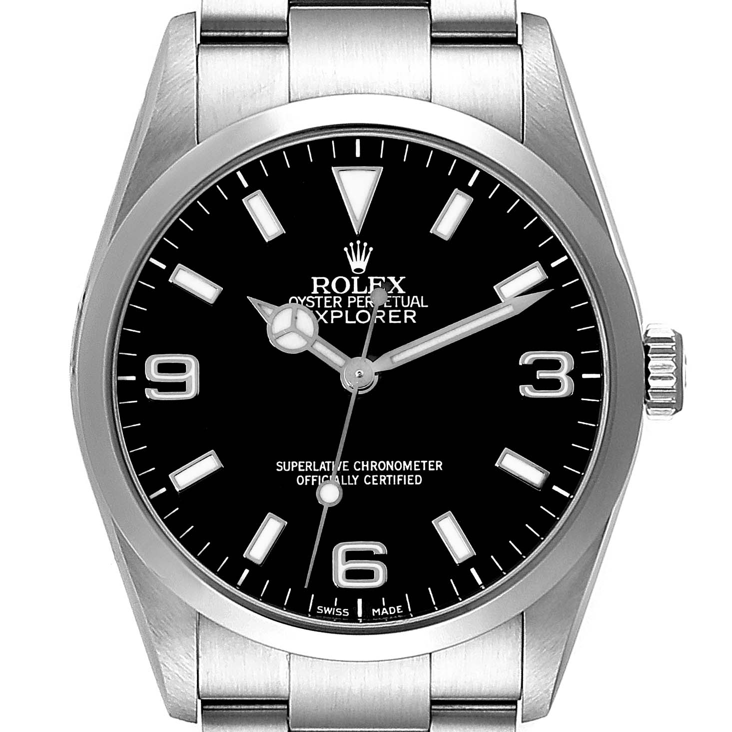 This is a front view of a Rolex Explorer 114270 Men's Stainless Steel Black Dial 114270 Men's Stainless Steel Black Dial watch showcasing its black dial, silver hands, and stainless steel bracelet.