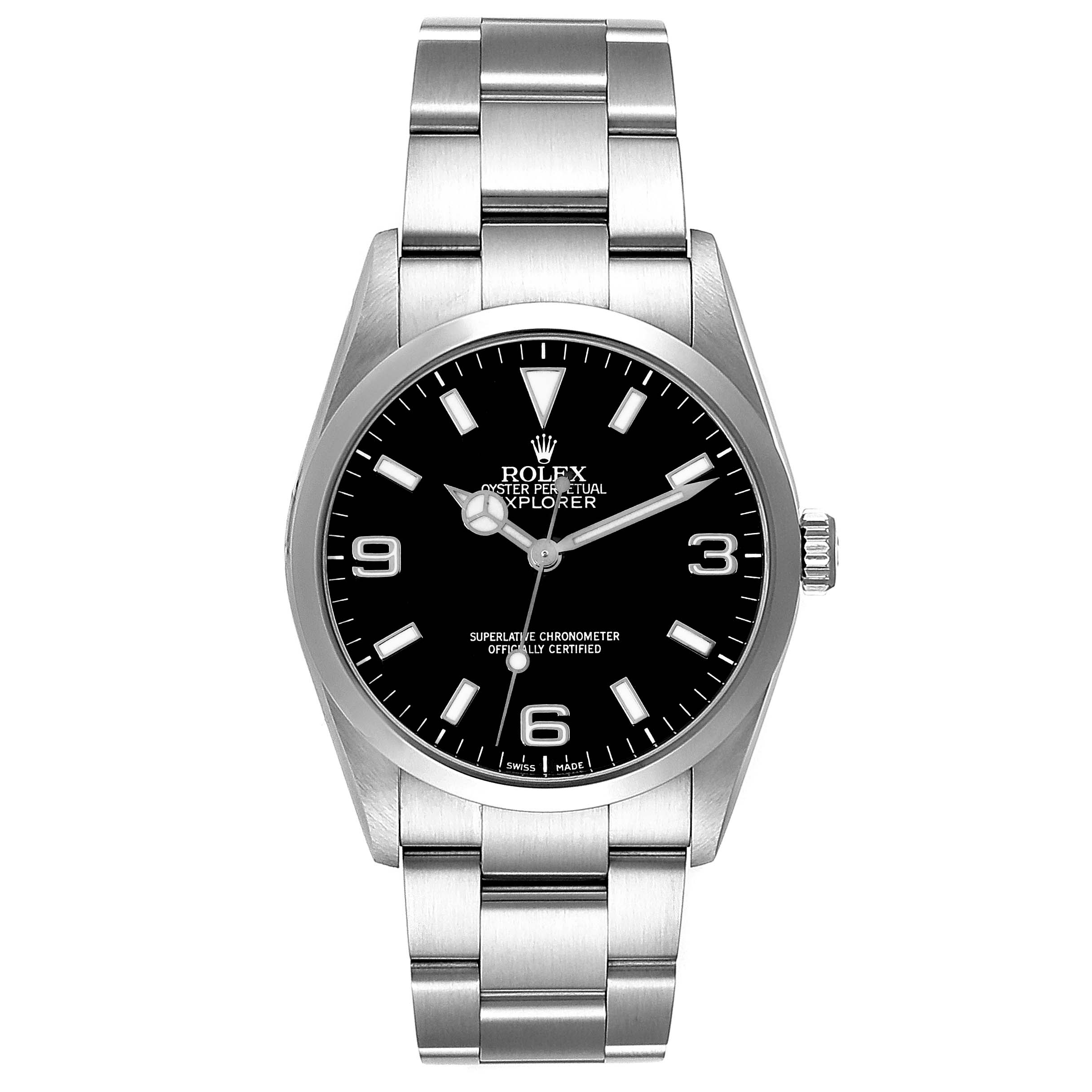 This is a front view of a Rolex Explorer 114270 Men's Stainless Steel Black Dial 114270 Men's Stainless Steel Black Dial watch showcasing the dial, case, and bracelet.