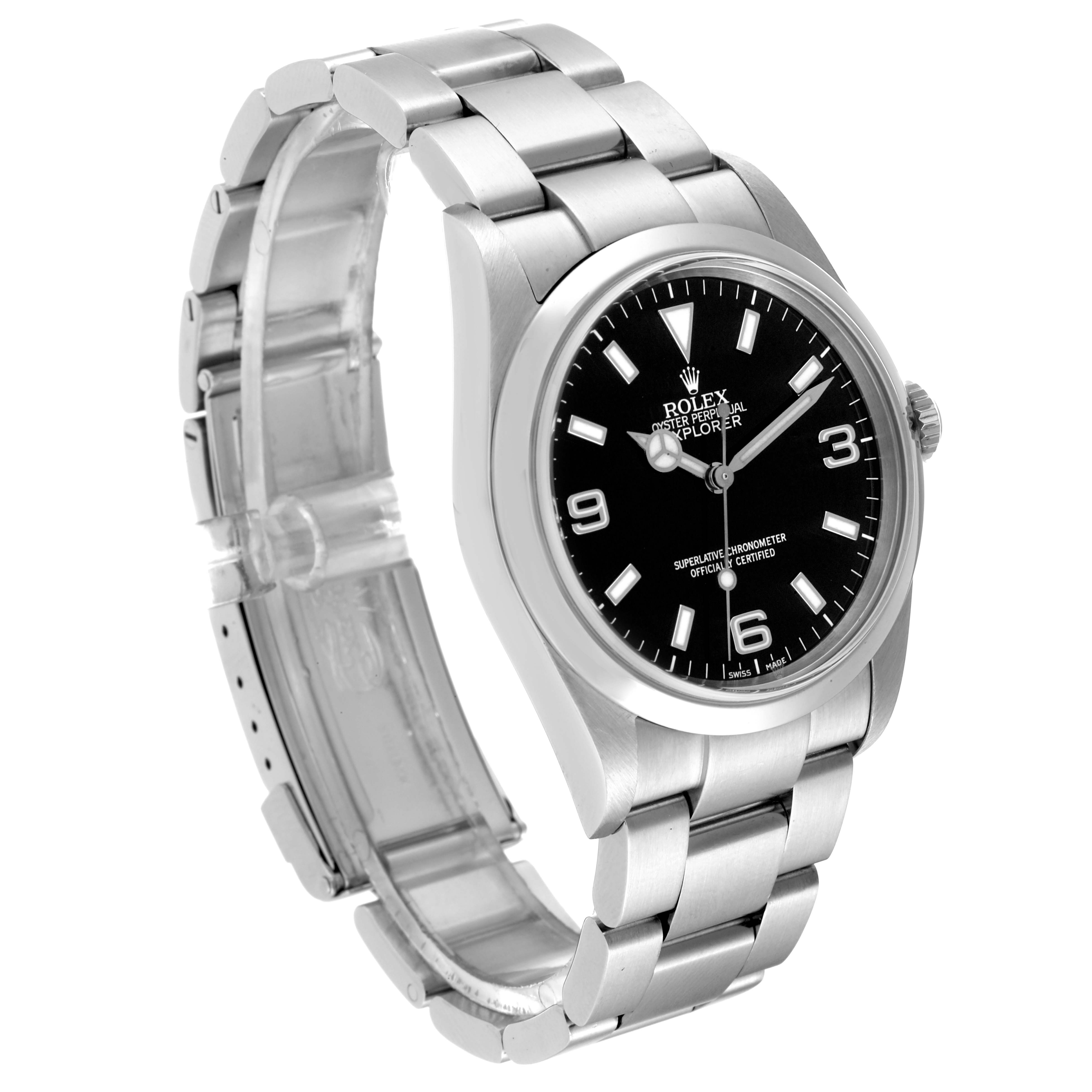 The image shows a Rolex Explorer 114270 Men's Stainless Steel Black Dial 114270 Men's Stainless Steel Black Dial watch at an angled view highlighting the face, bezel, and part of the bracelet.