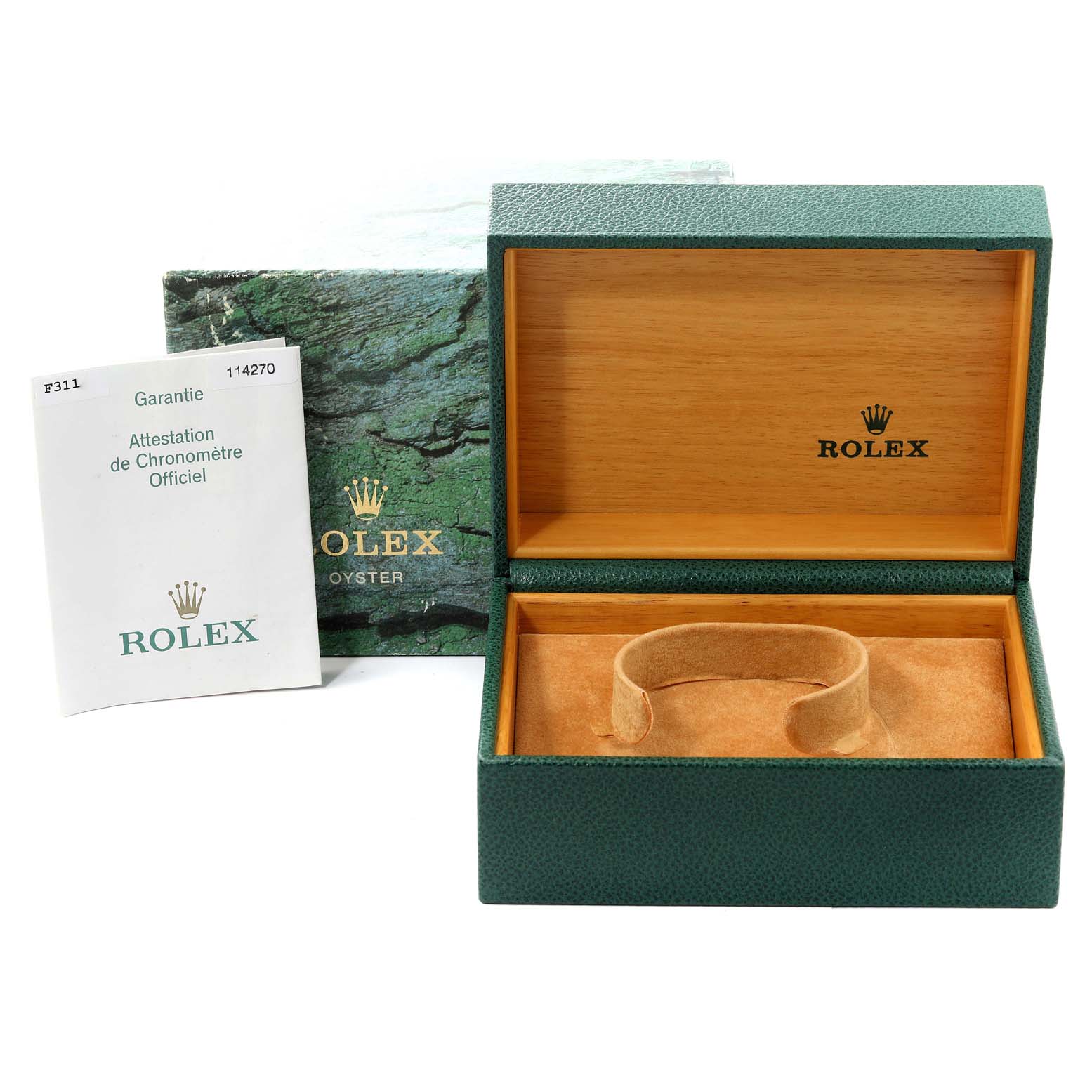 The image shows the open box and official documents for a Rolex Explorer 114270 Men's Stainless Steel Black Dial 114270 Men's Stainless Steel Black Dial watch.