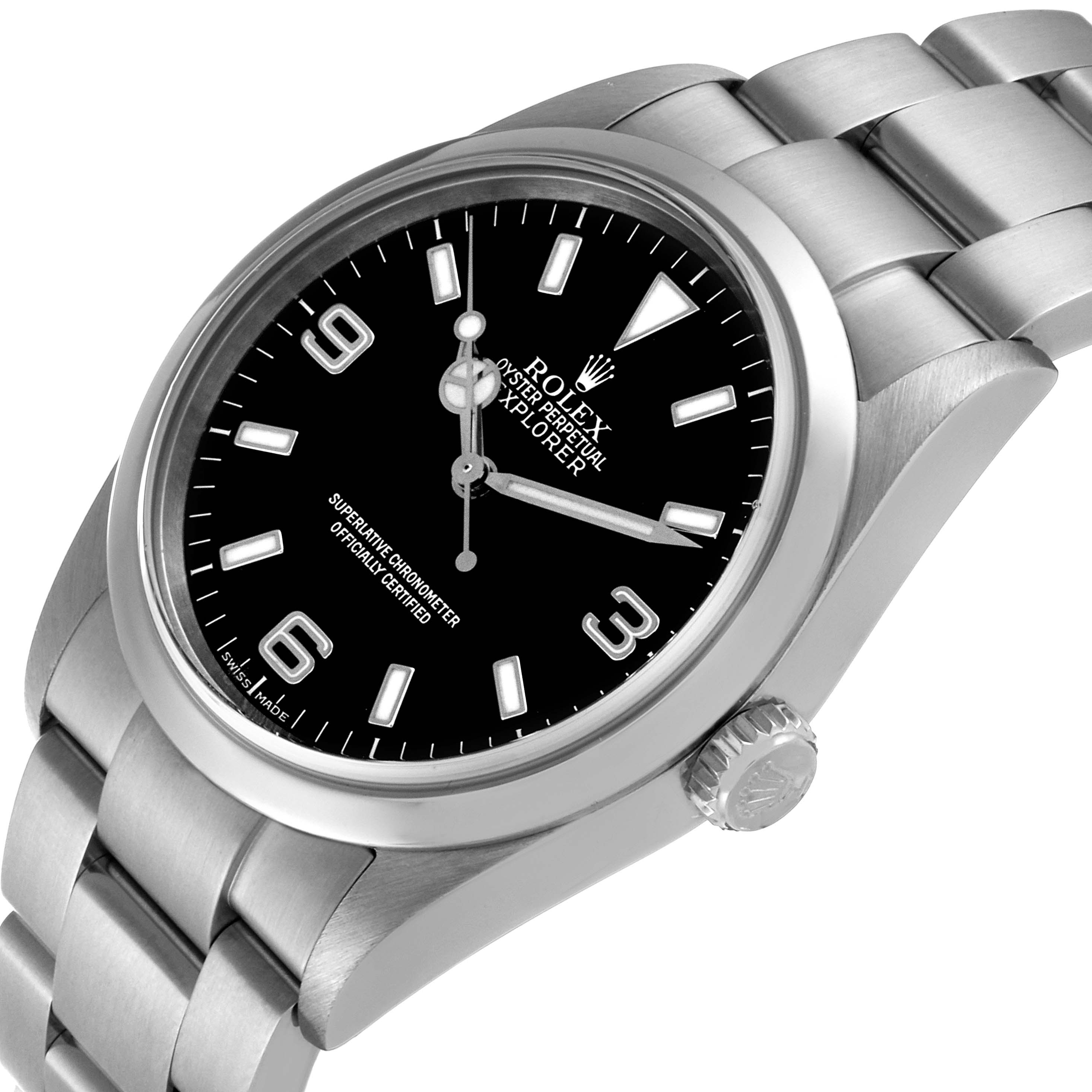 The image shows a Rolex Explorer 114270 Men
s Stainless Steel Black Dial 114270 Men
s Stainless Steel Black Dial watch from an angled view, highlighting the dial, bezel, bracelet, and crown.