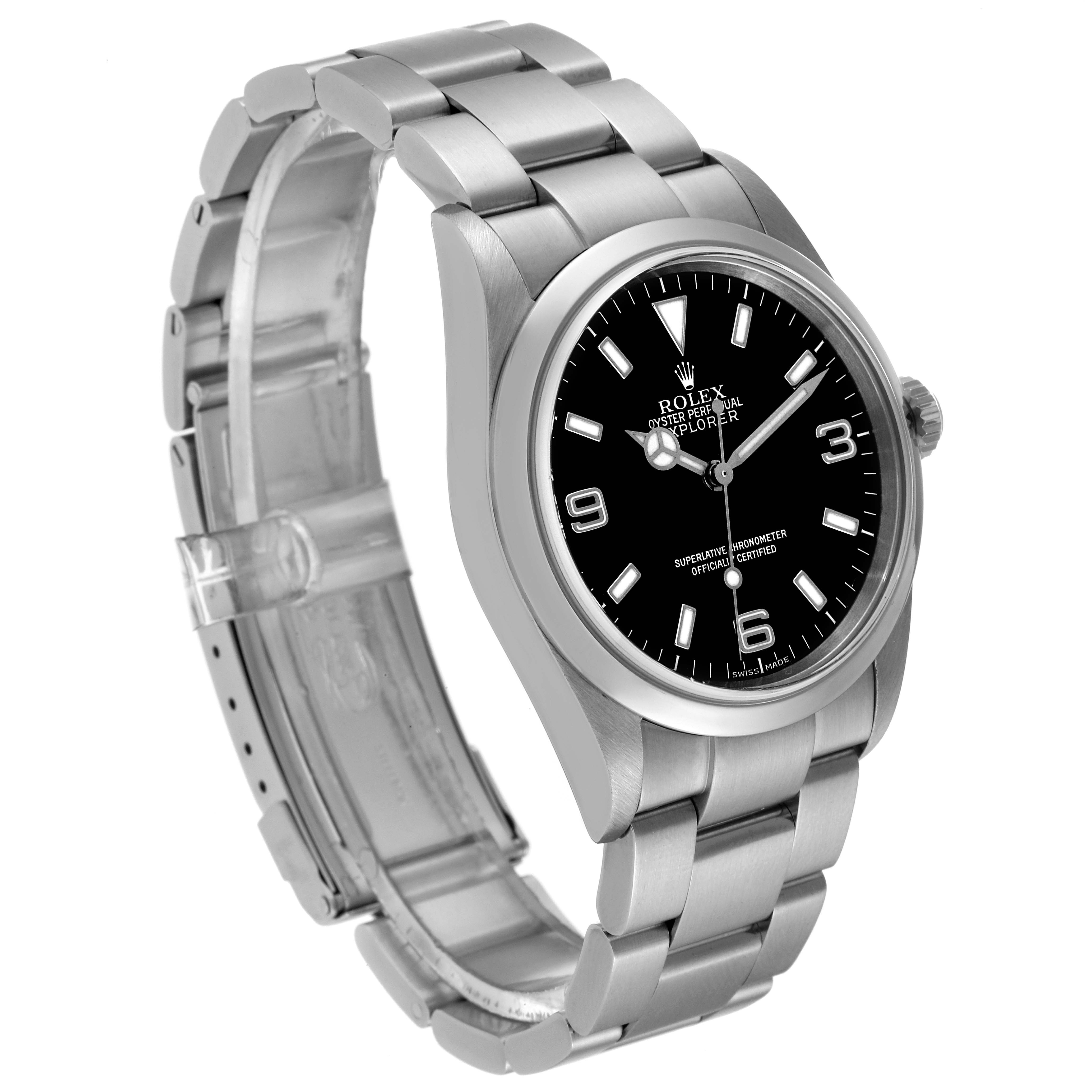 The Rolex Explorer 114270 Men
s Stainless Steel Black Dial 114270 Men
s Stainless Steel Black Dial watch is shown from an angled side view, displaying the bracelet and the watch face.
