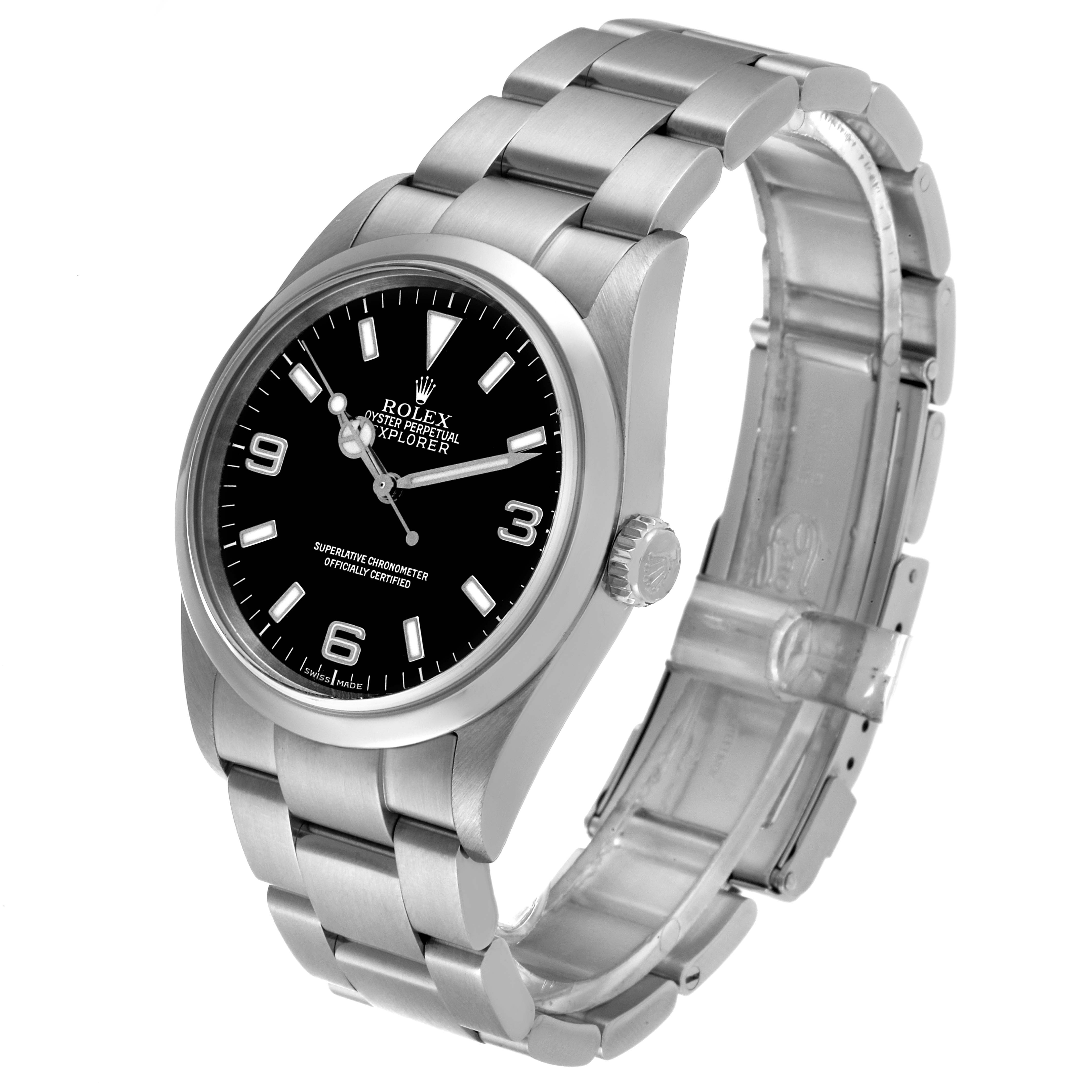 The image shows a side and slightly top angle of the Rolex Explorer 114270 Men
s Stainless Steel Black Dial 114270 Men
s Stainless Steel Black Dial, highlighting its black dial and metal bracelet.