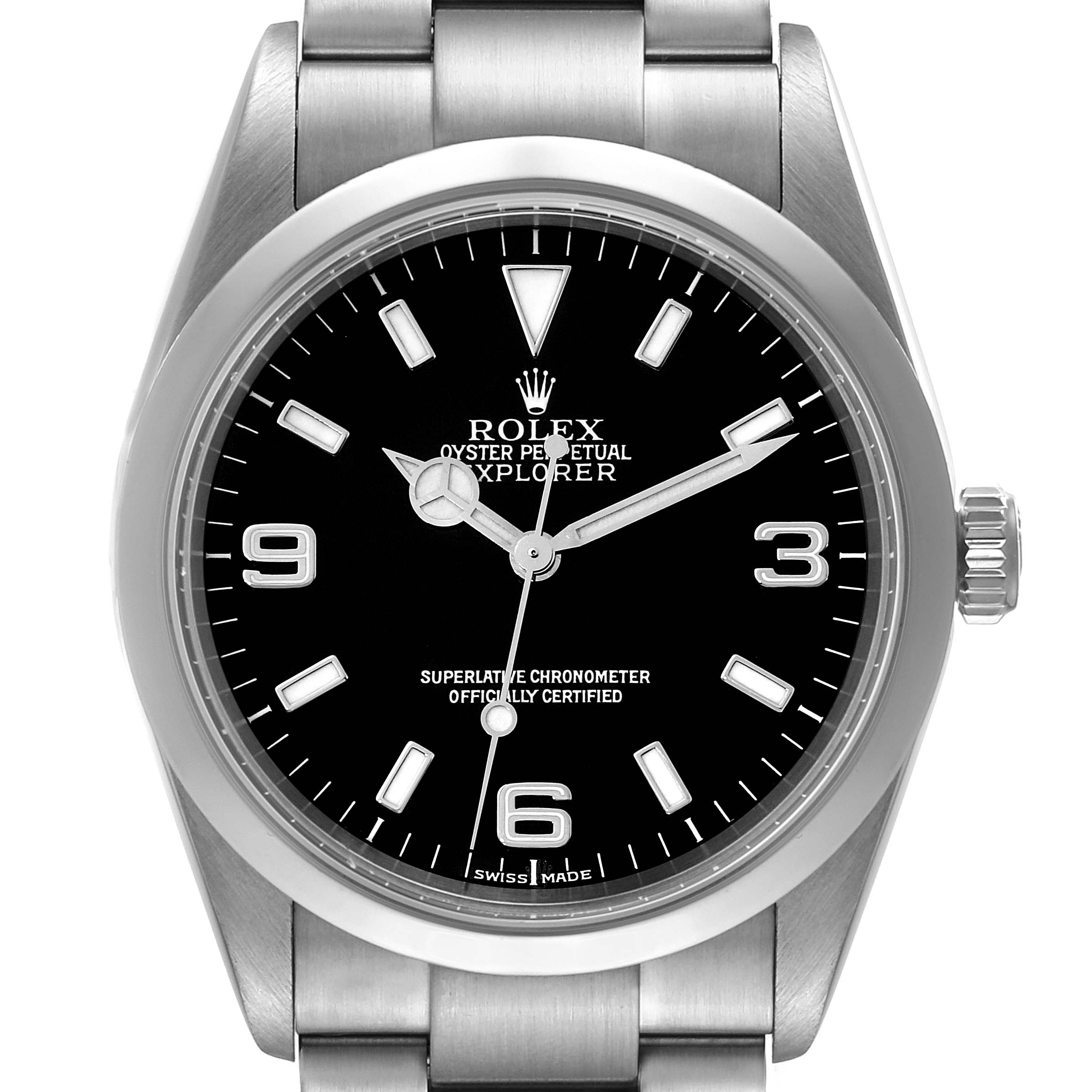 This image shows a front view of the Rolex Explorer 114270 Men
s Stainless Steel Black Dial 114270 Men
s Stainless Steel Black Dial watch model, displaying the dial, hands, and part of the bracelet.