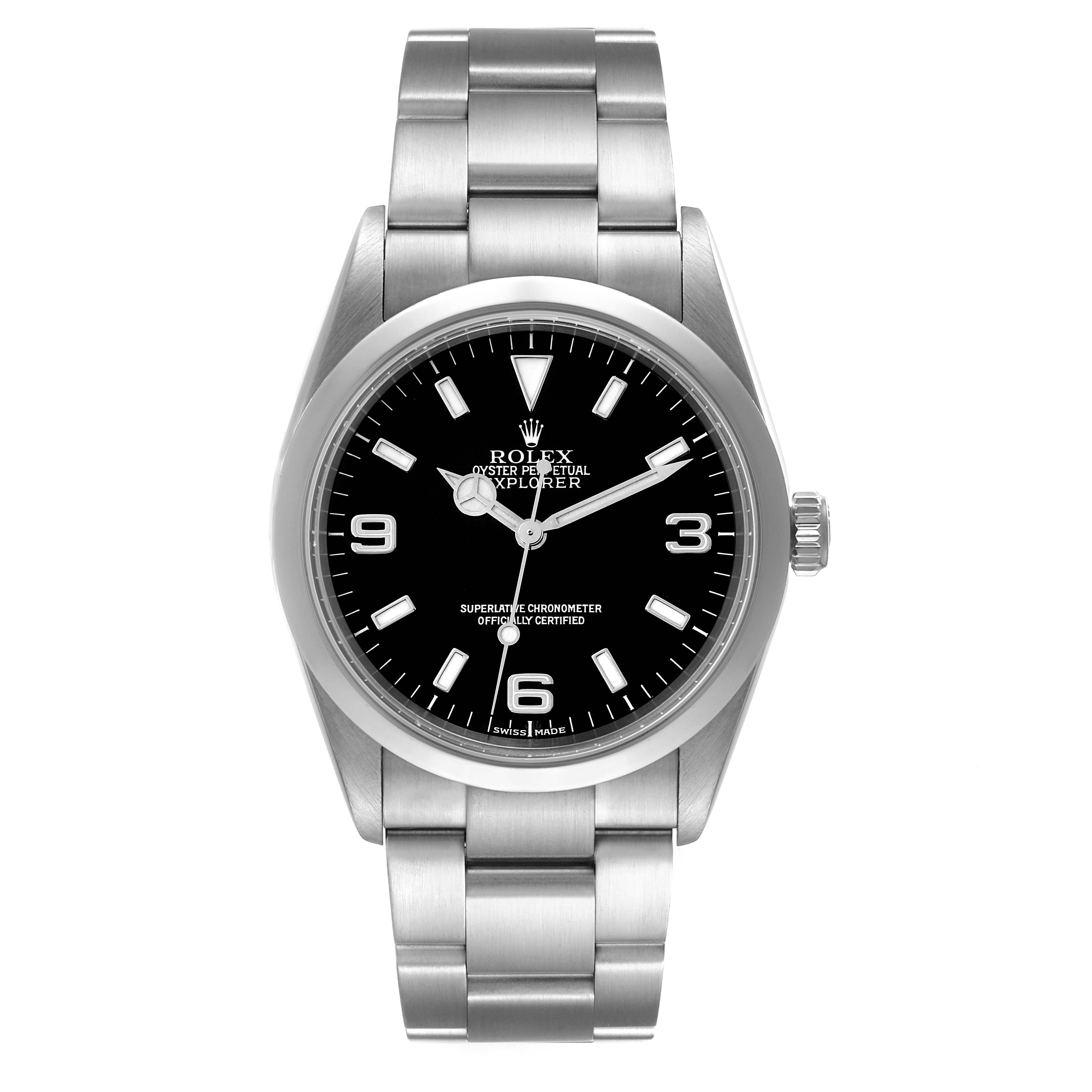 The image shows a front view of a Rolex Explorer 114270 Men
s Stainless Steel Black Dial 114270 Men
s Stainless Steel Black Dial watch, displaying the face, bezel, and bracelet.