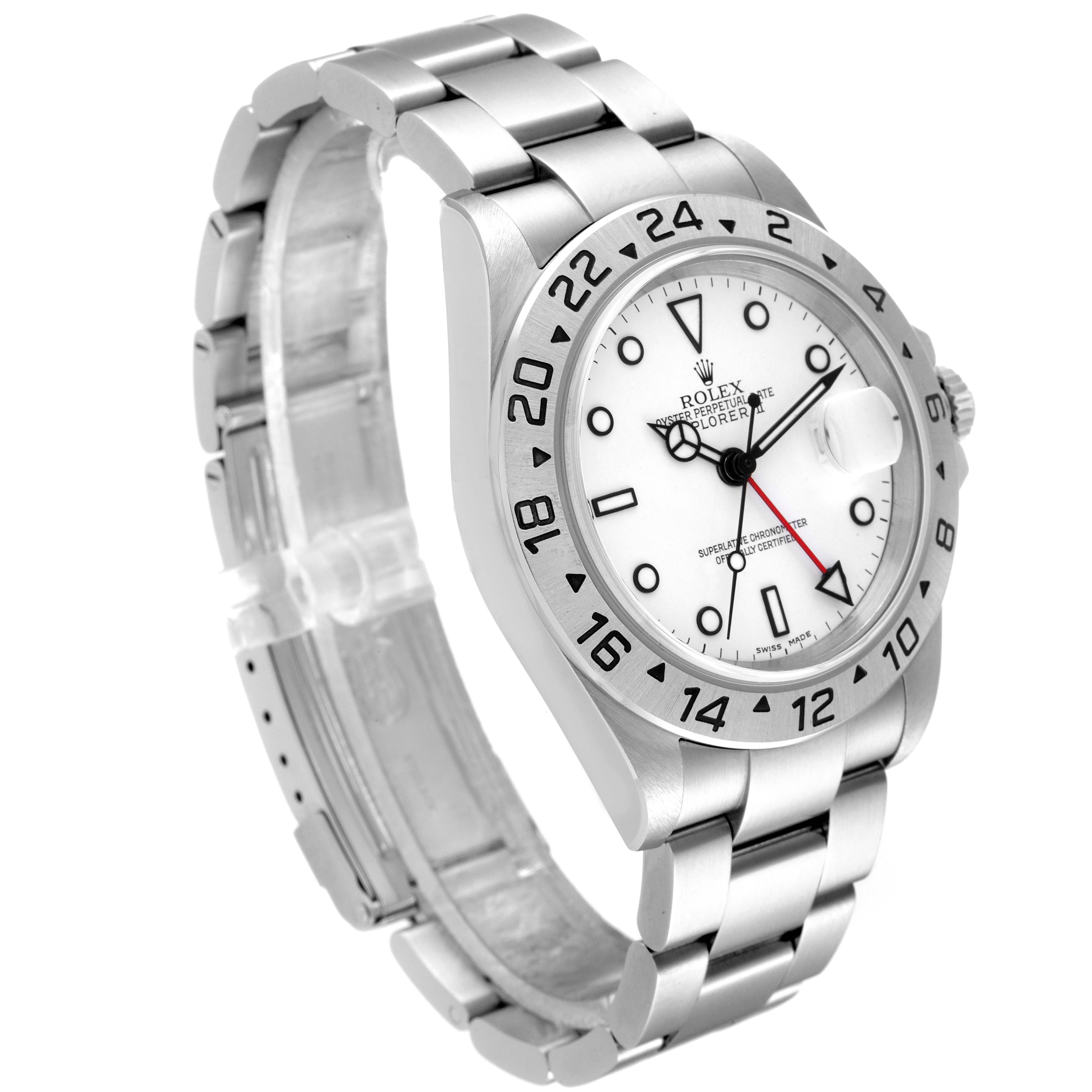 The image displays a Rolex Explorer 16570 Men's Stainless Steel White Dial 16570 Men's Stainless Steel White Dial watch from an angled side view, highlighting the dial, bezel, crown, and part of the bracelet.