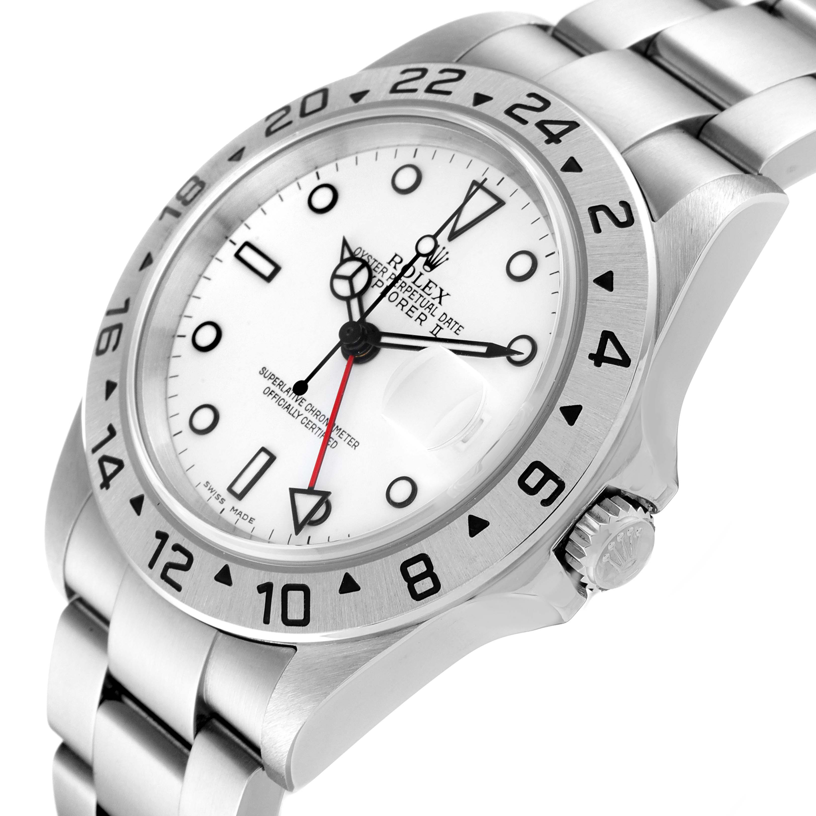 The image shows a close-up angled view of a Rolex Explorer 16570 Men's Stainless Steel White Dial 16570 Men's Stainless Steel White Dial watch featuring the dial, bezel, crown, and part of the bracelet.