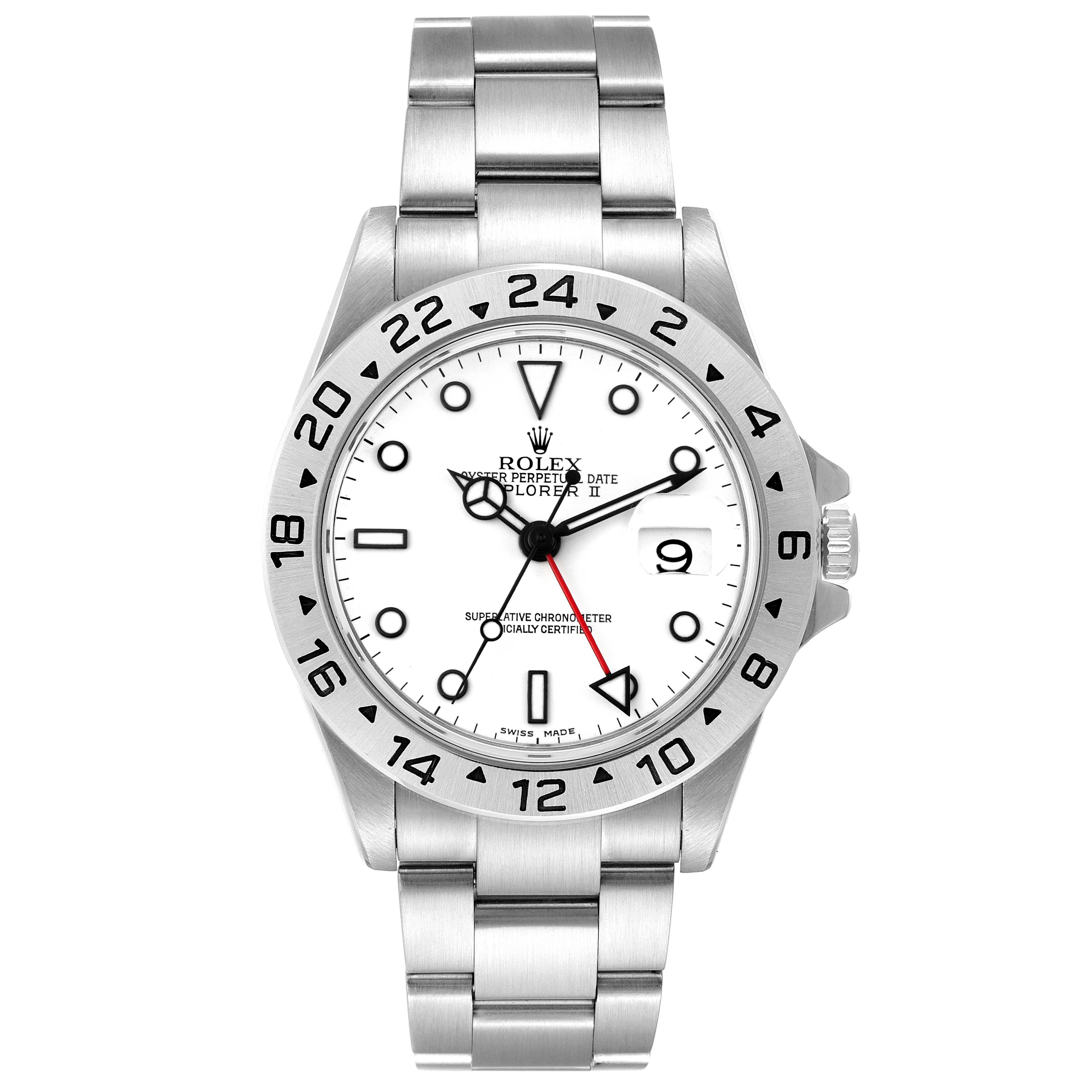 The image shows a Rolex Explorer 16570 Men's Stainless Steel White Dial 16570 Men's Stainless Steel White Dial watch from a front angle, highlighting its dial, bezel, and bracelet.