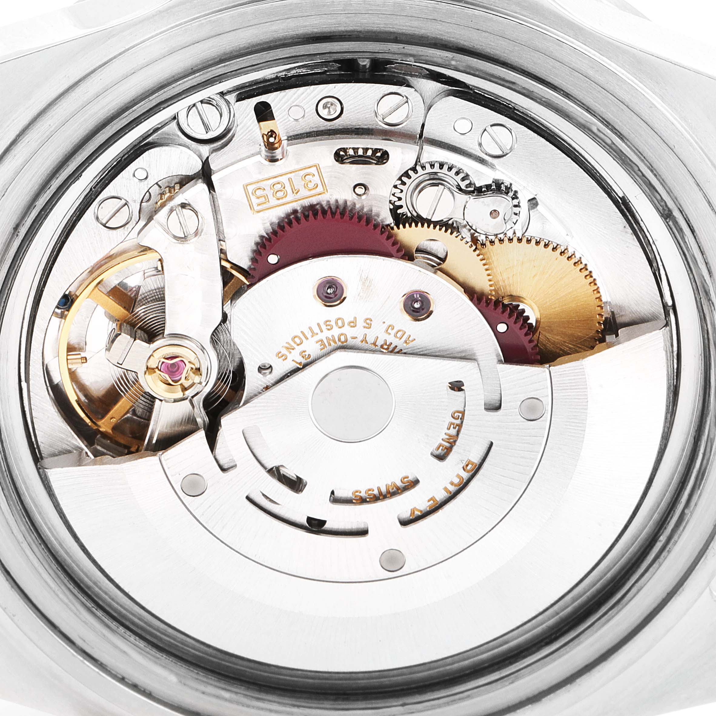 This is a close-up view of the Rolex Explorer 16570 Men's Stainless Steel White Dial 16570 Men's Stainless Steel White Dial watch's internal movement mechanics.