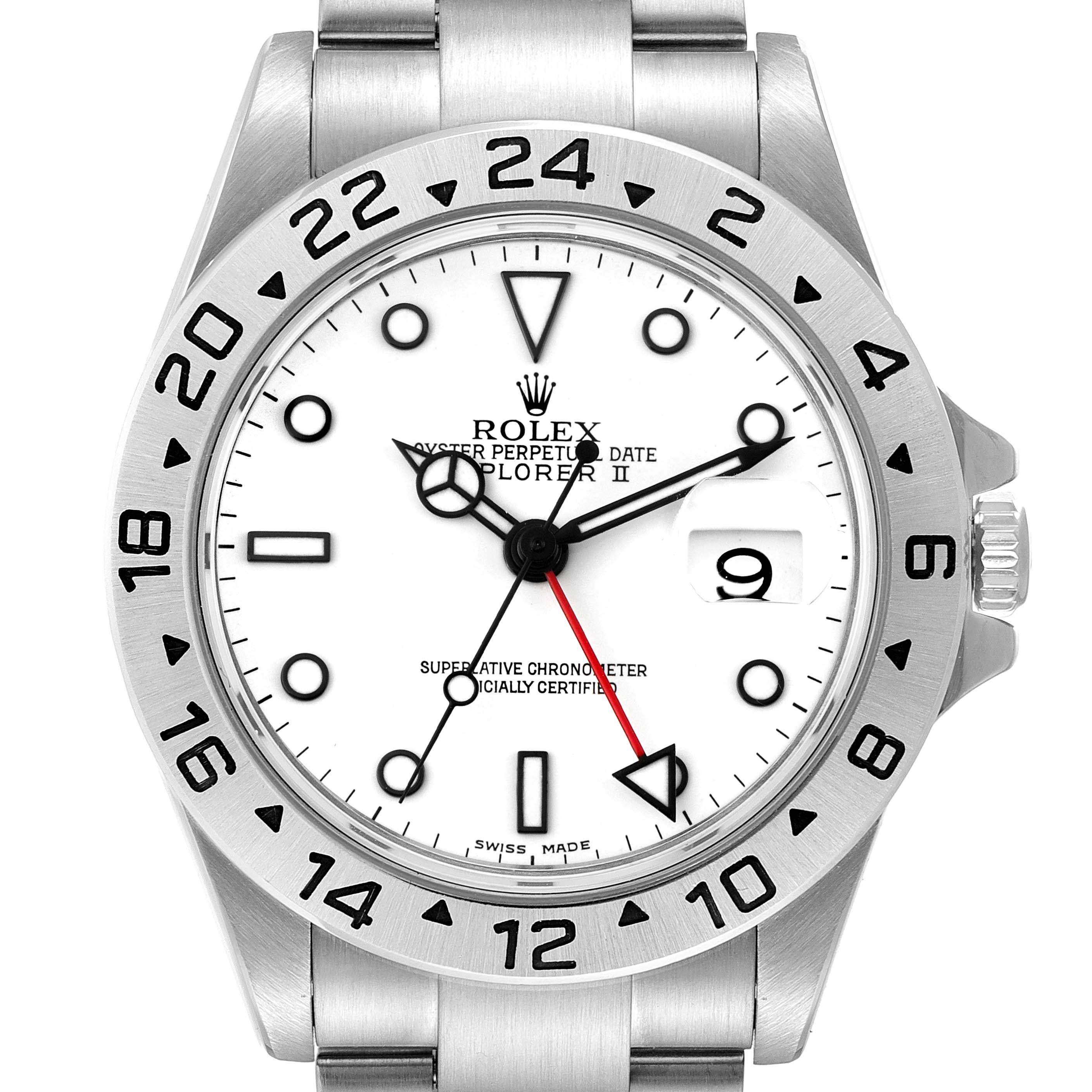 The Rolex Explorer 16570 Men's Stainless Steel White Dial 16570 Men's Stainless Steel White Dial watch is shown at a front angle, highlighting its bezel, dial, hands, and bracelet.