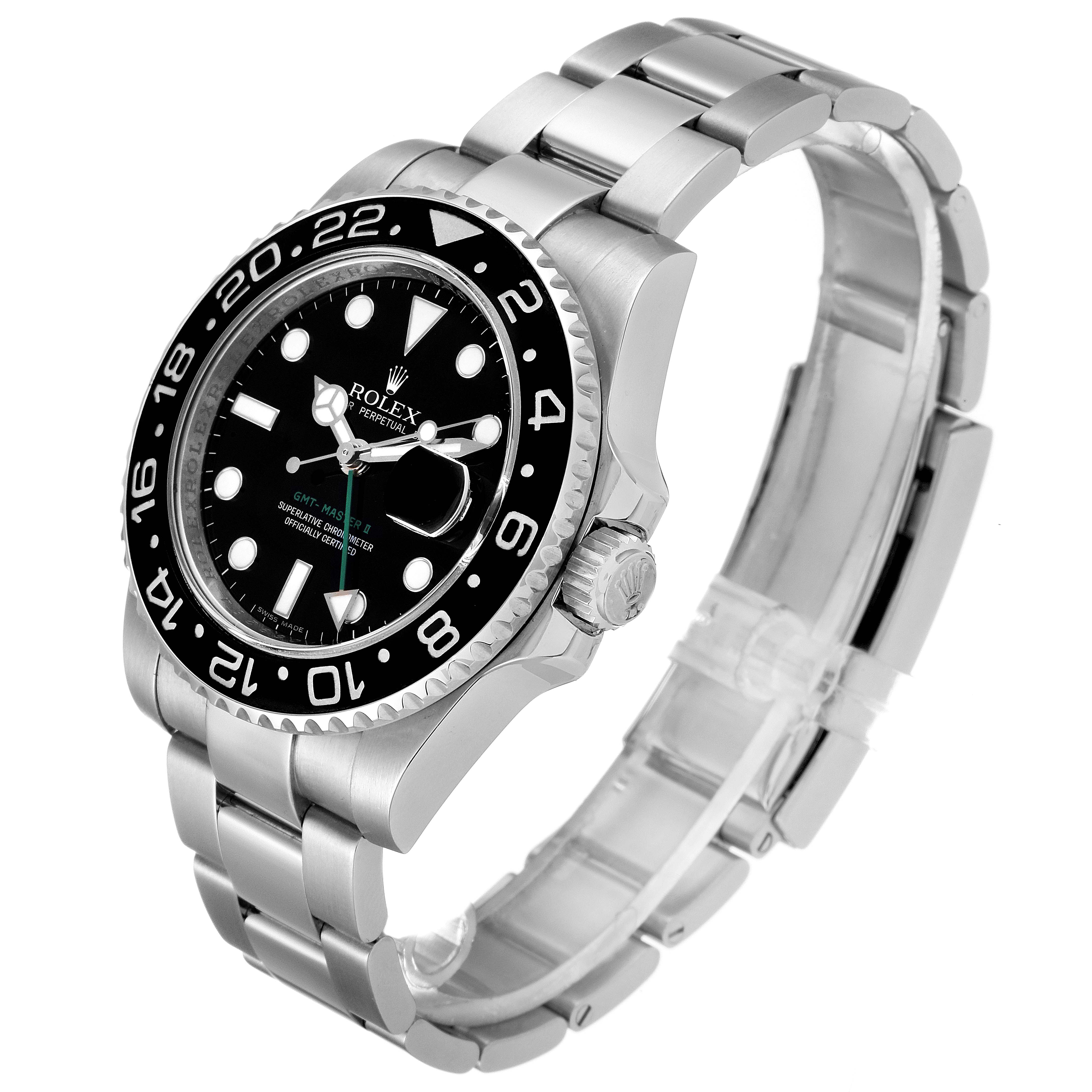 This image shows a Rolex GMT-Master 116710 Men
s Stainless Steel Black Dial 116710 Men
s Stainless Steel Black Dial watch at an angled side view, highlighting the face, bezel, crown, and bracelet.