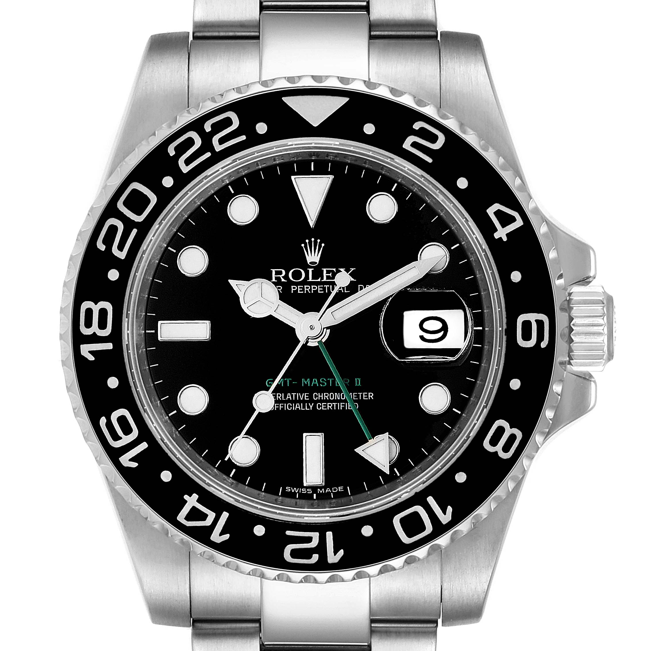 The image shows a front view of the Rolex GMT-Master 116710 Men
s Stainless Steel Black Dial 116710 Men
s Stainless Steel Black Dial II watch, displaying the face, bezel, markers, and part of the bracelet.