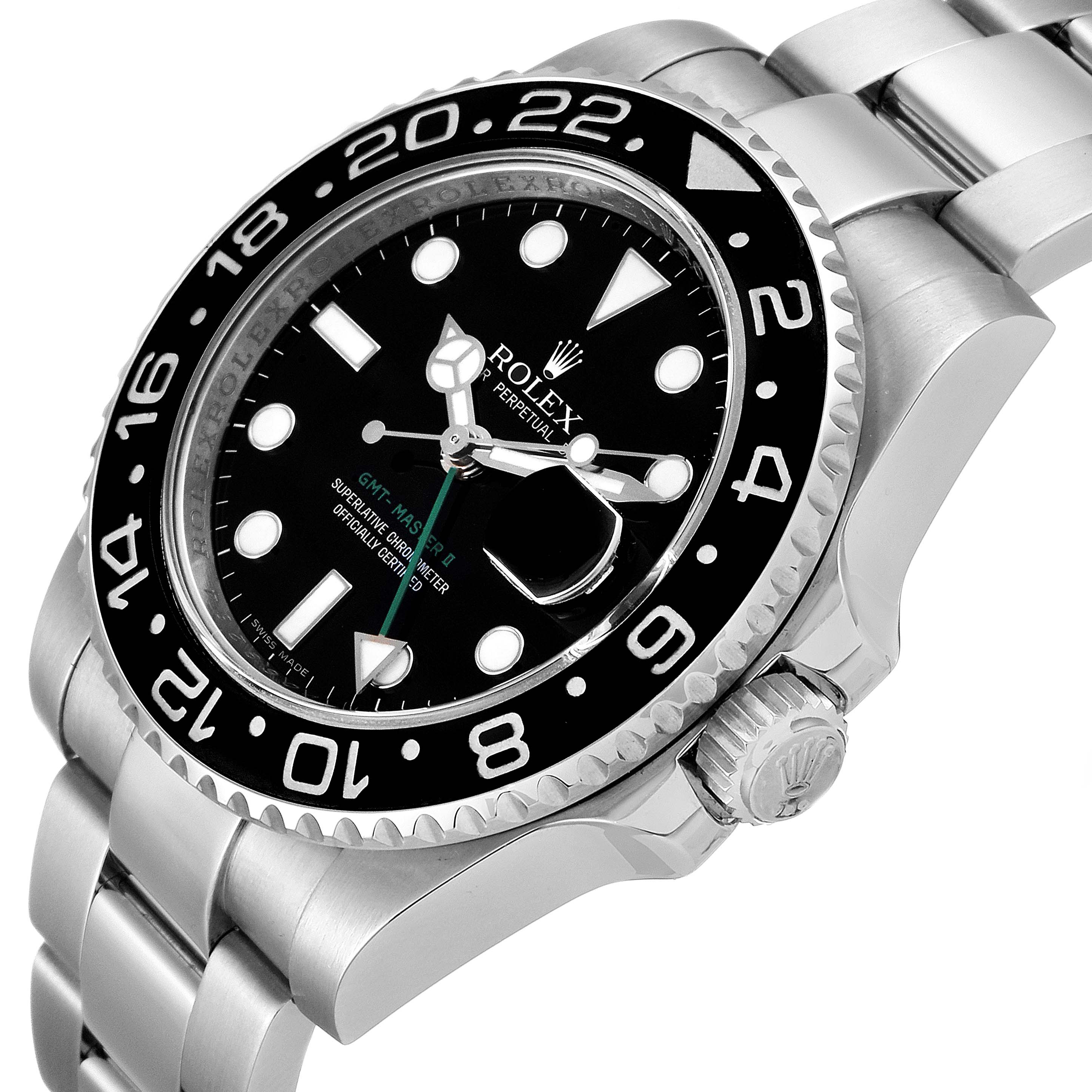 The image shows a close-up, side angle of a Rolex GMT-Master 116710 Men
s Stainless Steel Black Dial 116710 Men
s Stainless Steel Black Dial watch, highlighting the bezel, dial, and crown.