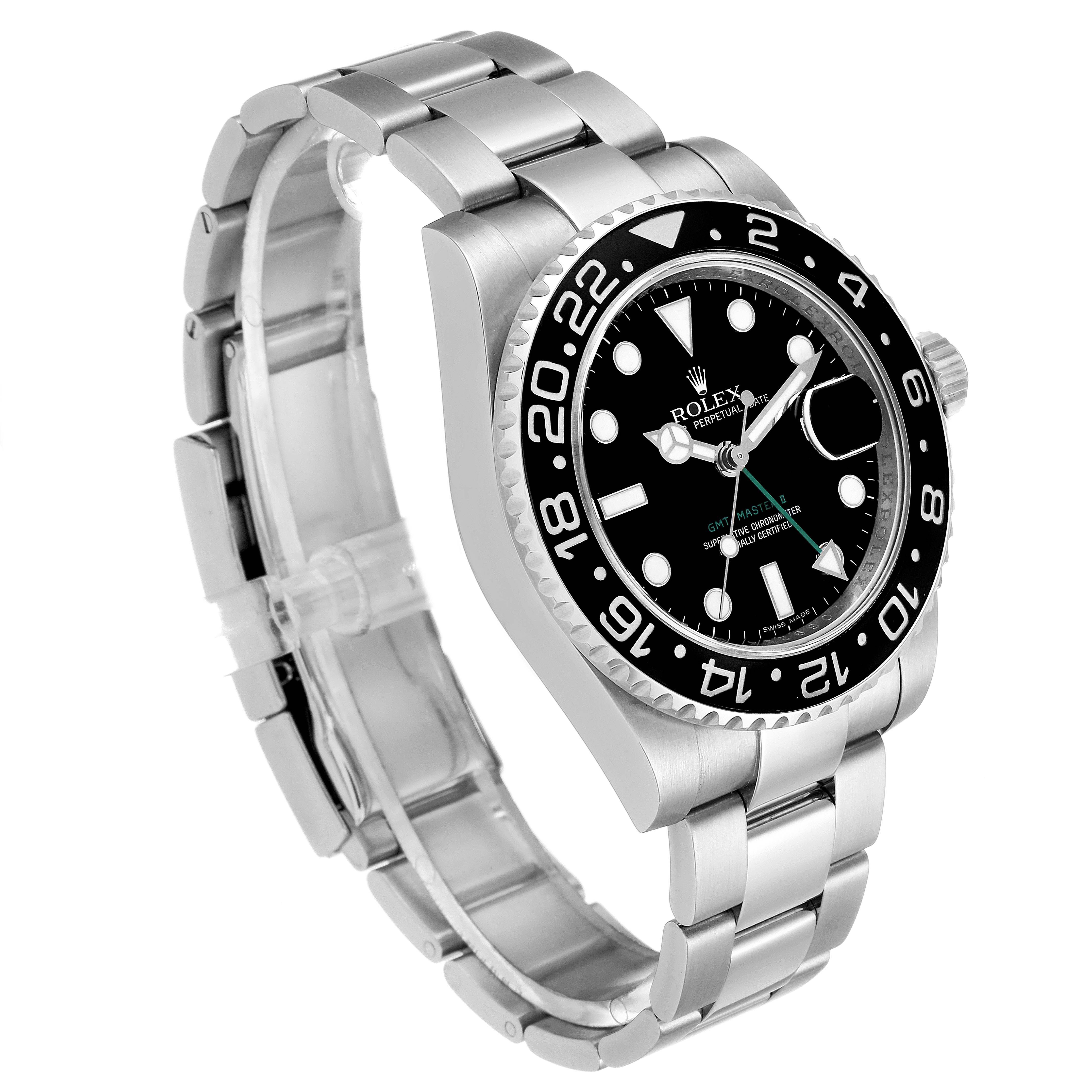 This image shows a three-quarter view of a Rolex GMT-Master 116710 Men
s Stainless Steel Black Dial 116710 Men
s Stainless Steel Black Dial watch, highlighting the bezel, dial, and stainless steel bracelet.