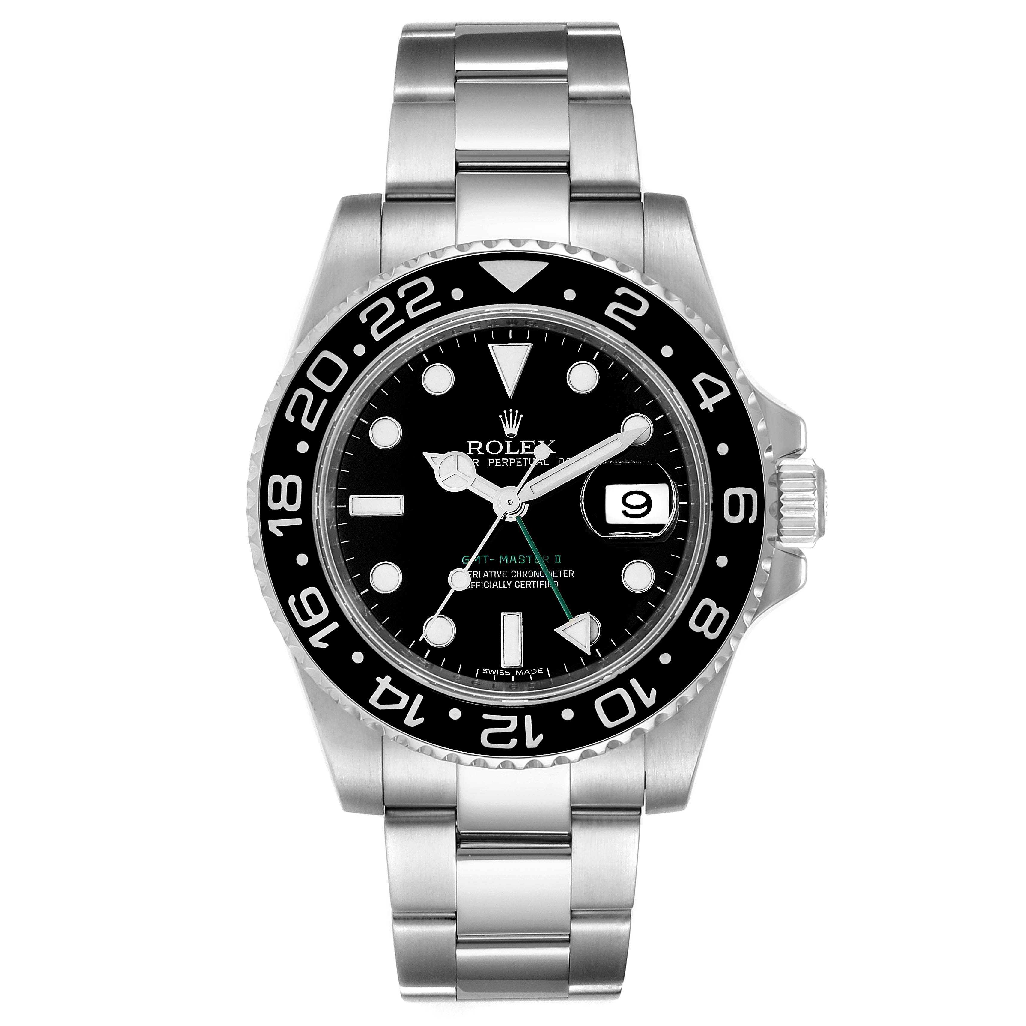 This image shows a front view of the Rolex GMT-Master 116710 Men
s Stainless Steel Black Dial 116710 Men
s Stainless Steel Black Dial watch, highlighting its dial, bezel, and portion of the bracelet.