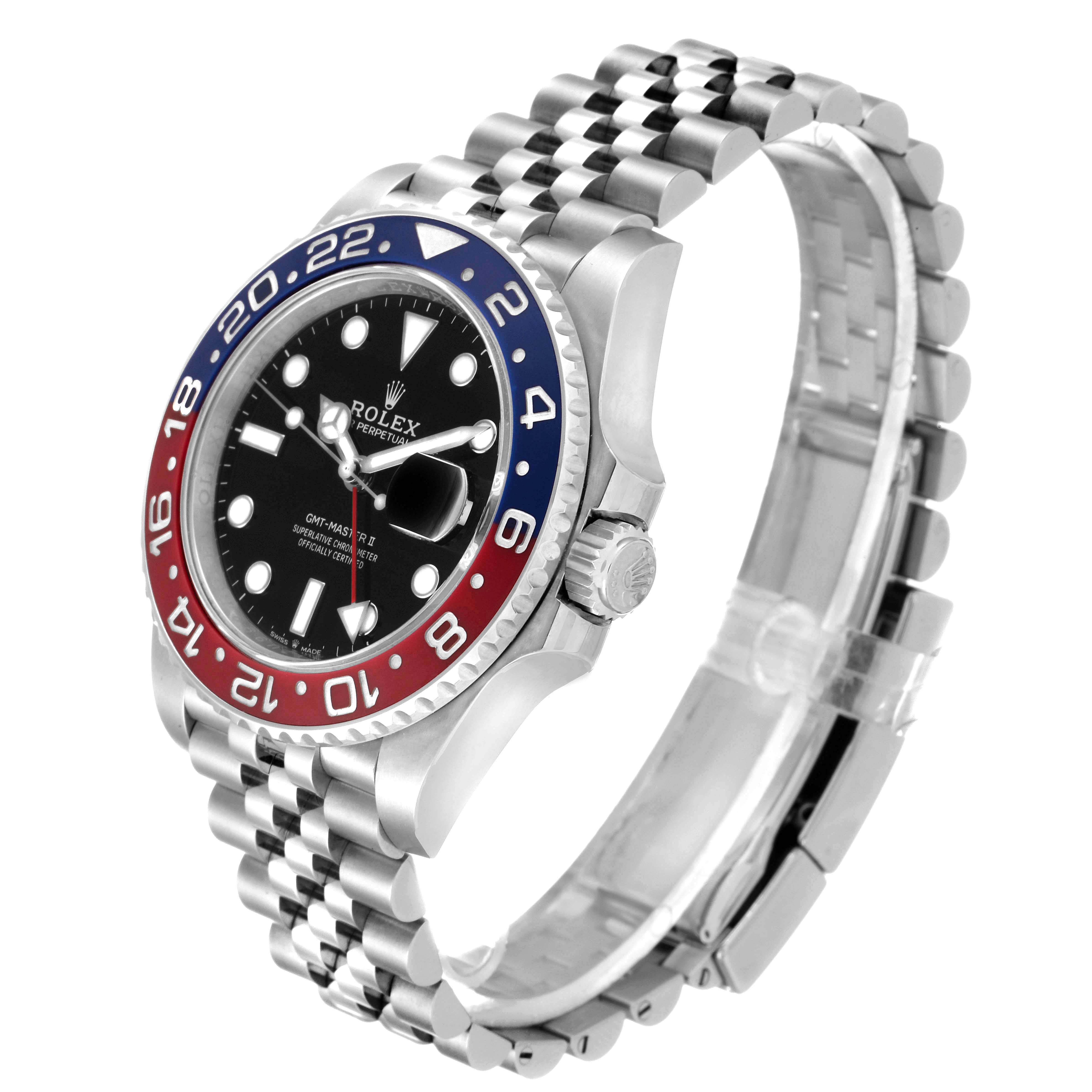 The Rolex GMT-Master 126710 Men's Stainless Steel Black Dial 126710 Men's Stainless Steel Black Dial watch is shown at a 3/4 angle, highlighting the bezel, dial, crown, and jubilee bracelet.