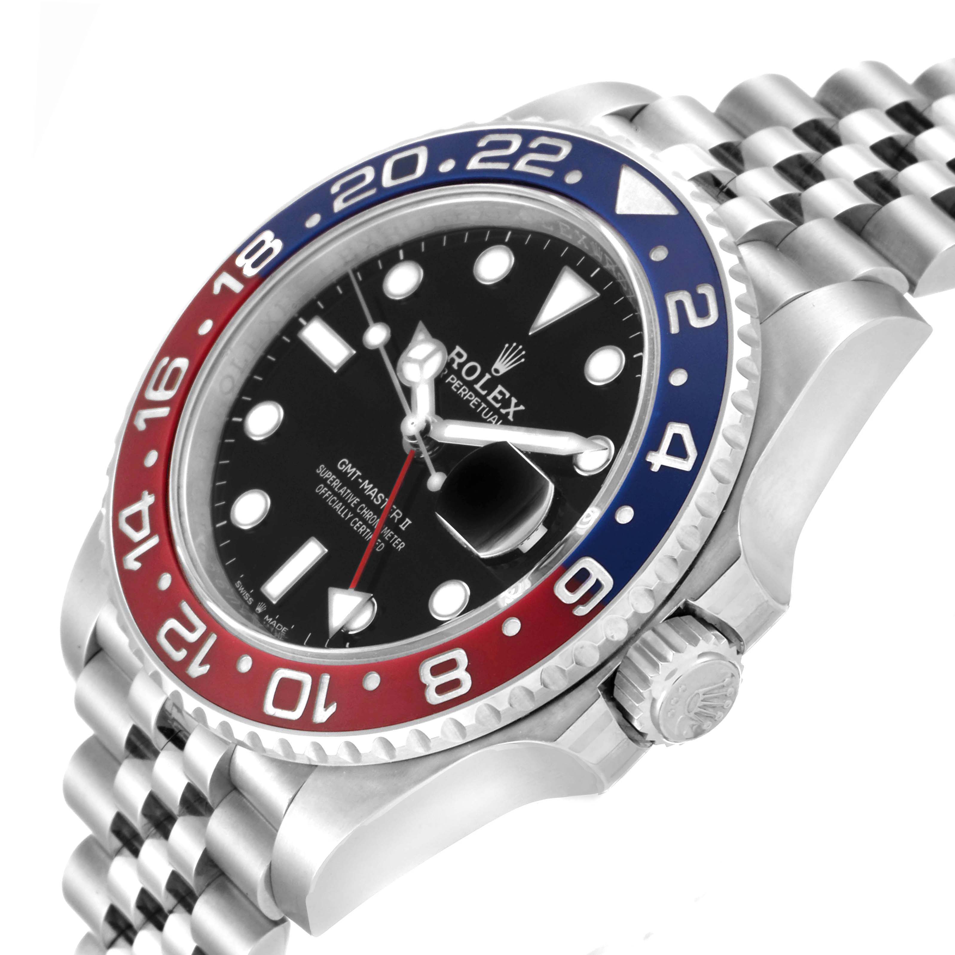 The image shows the face, bezel, and side crown of a Rolex GMT-Master 126710 Men's Stainless Steel Black Dial 126710 Men's Stainless Steel Black Dial watch.