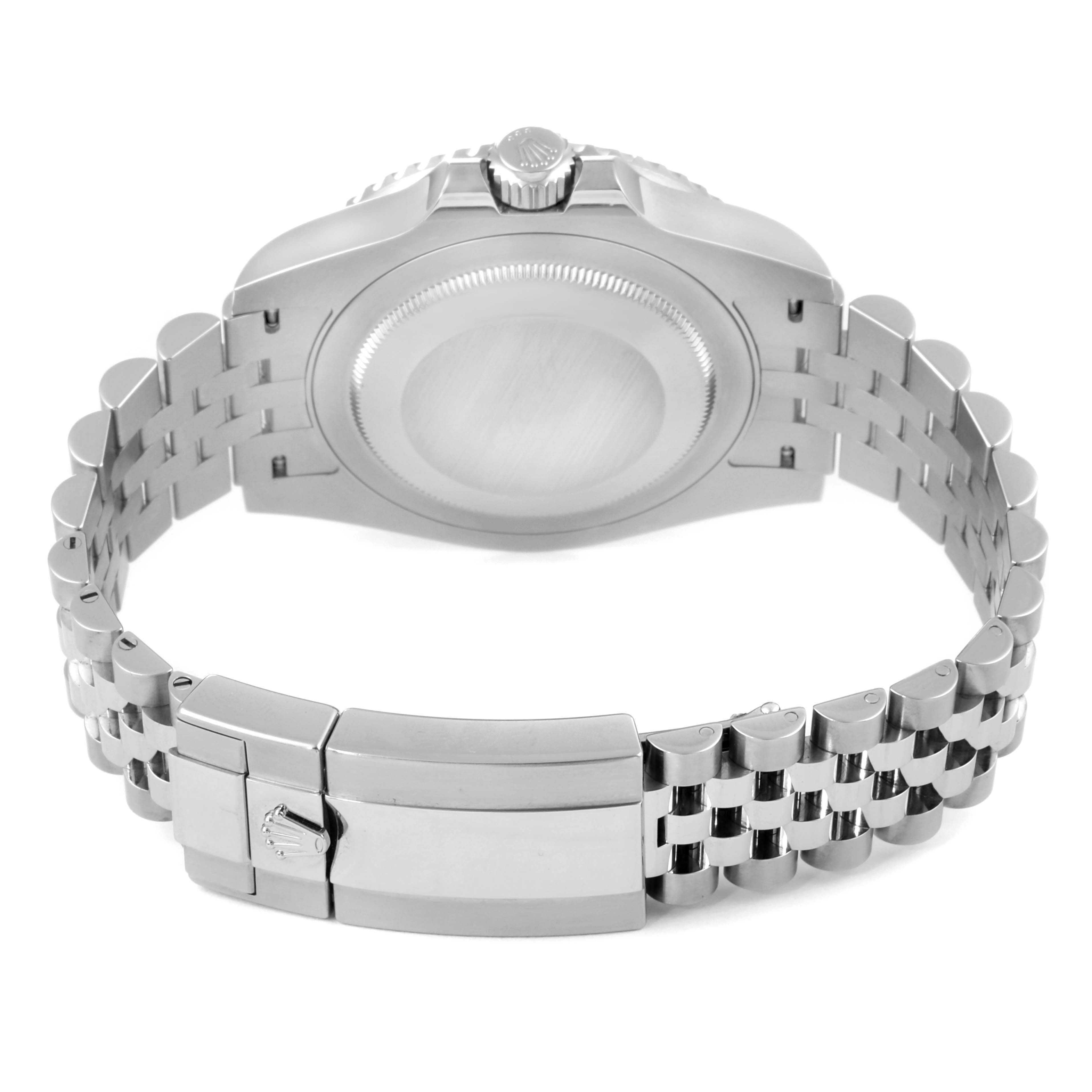 This image shows the back view of a Rolex GMT-Master 126710 Men's Stainless Steel Black Dial 126710 Men's Stainless Steel Black Dial watch, focusing on the case back, crown, and bracelet clasp.