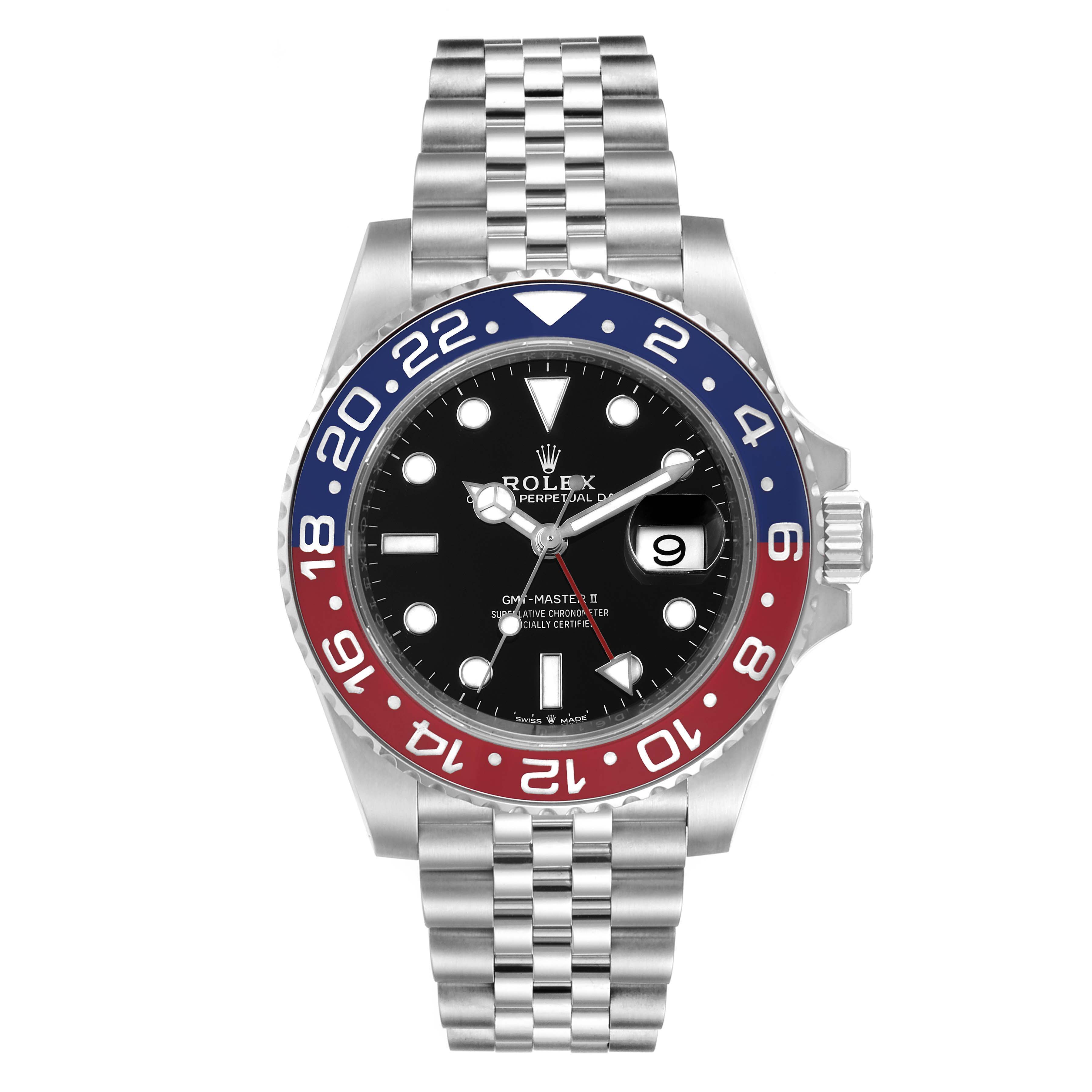 The Rolex GMT-Master 126710 Men's Stainless Steel Black Dial 126710 Men's Stainless Steel Black Dial II watch is shown from the front, featuring the dial, bezel, and part of the bracelet.