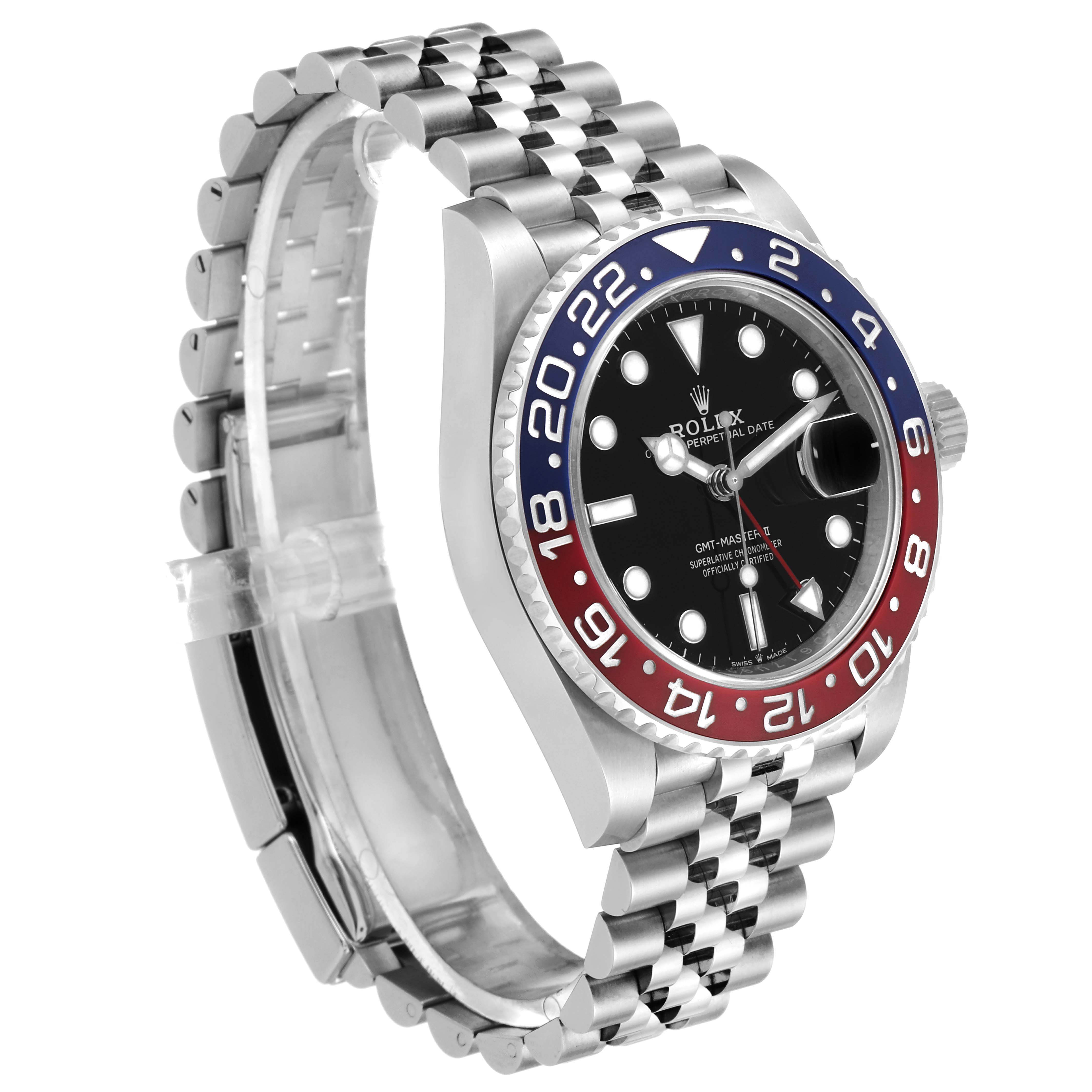 The Rolex GMT-Master 126710 Men's Stainless Steel Black Dial 126710 Men's Stainless Steel Black Dial watch is shown at a three-quarter angle, highlighting the bezel, dial, and Jubilee bracelet.