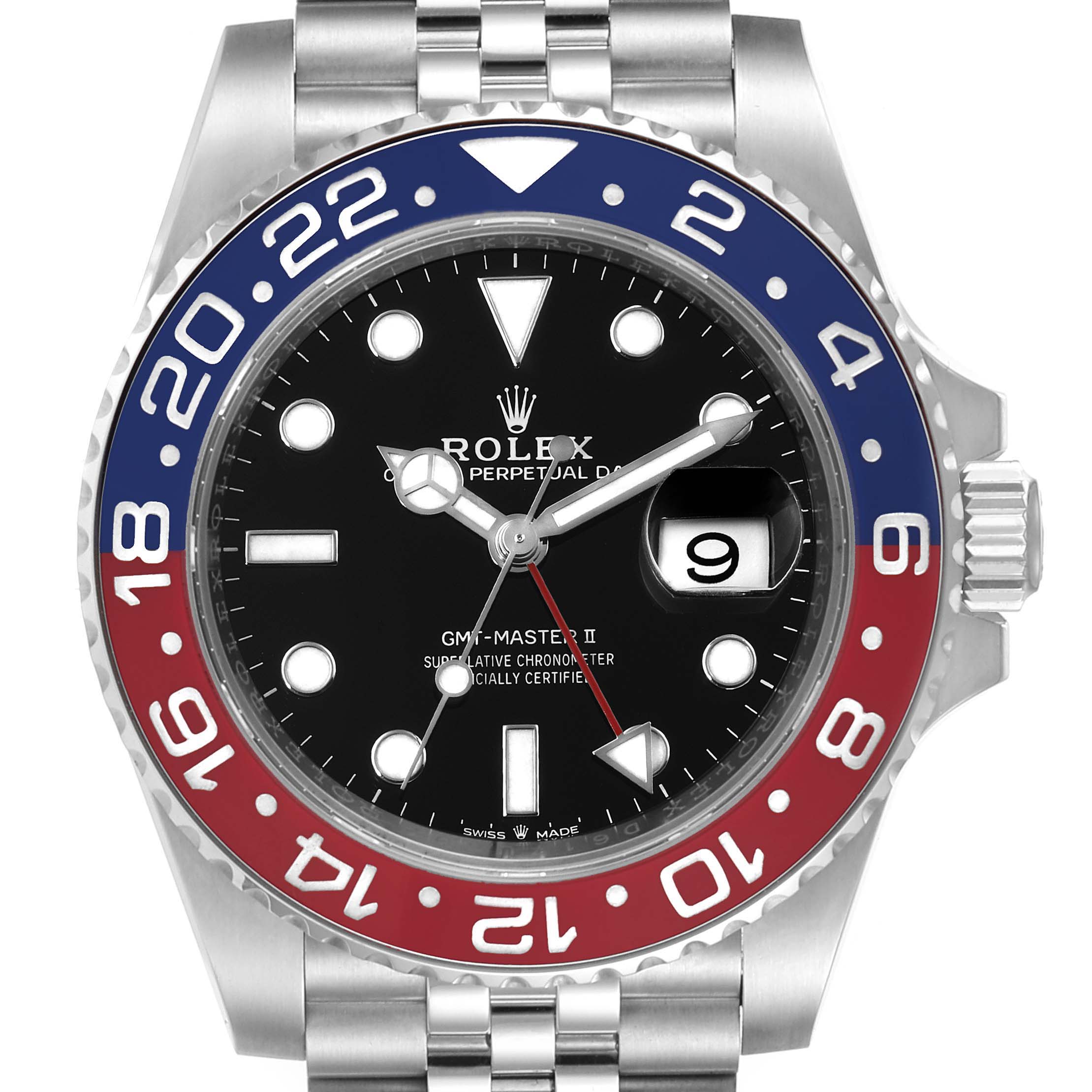 The image shows a front view of the Rolex GMT-Master 126710 Men's Stainless Steel Black Dial 126710 Men's Stainless Steel Black Dial II, highlighting the bezel, dial, hands, and bracelet.