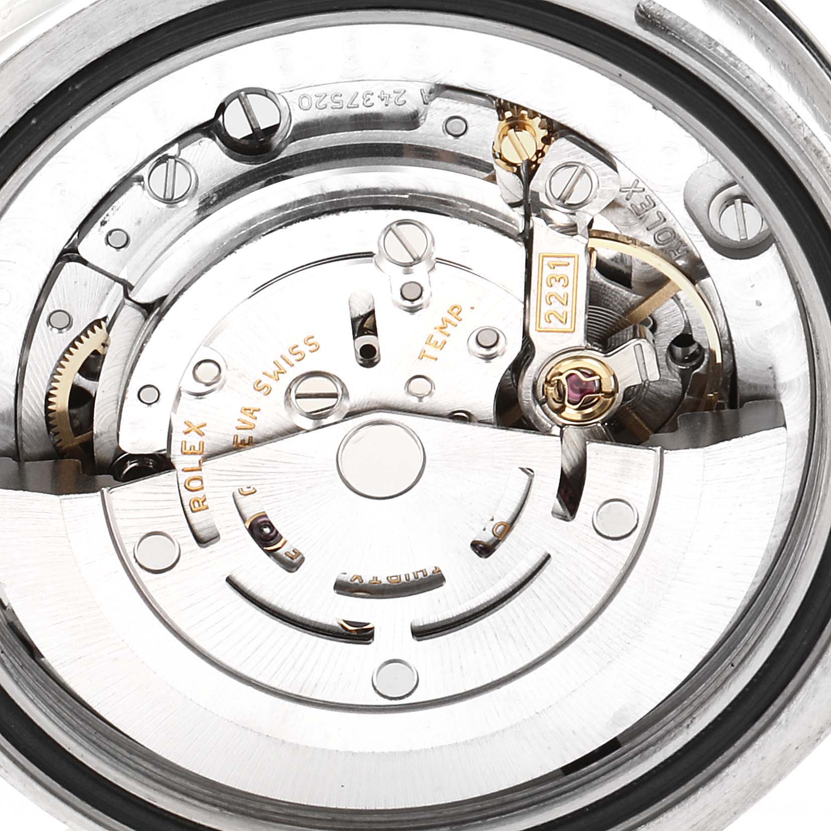 The image shows the internal mechanism of a Rolex Mid-Size 177200 Women's Stainless Steel Silver Dial 177200 Women's Stainless Steel Silver Dial model watch, viewed from the back.