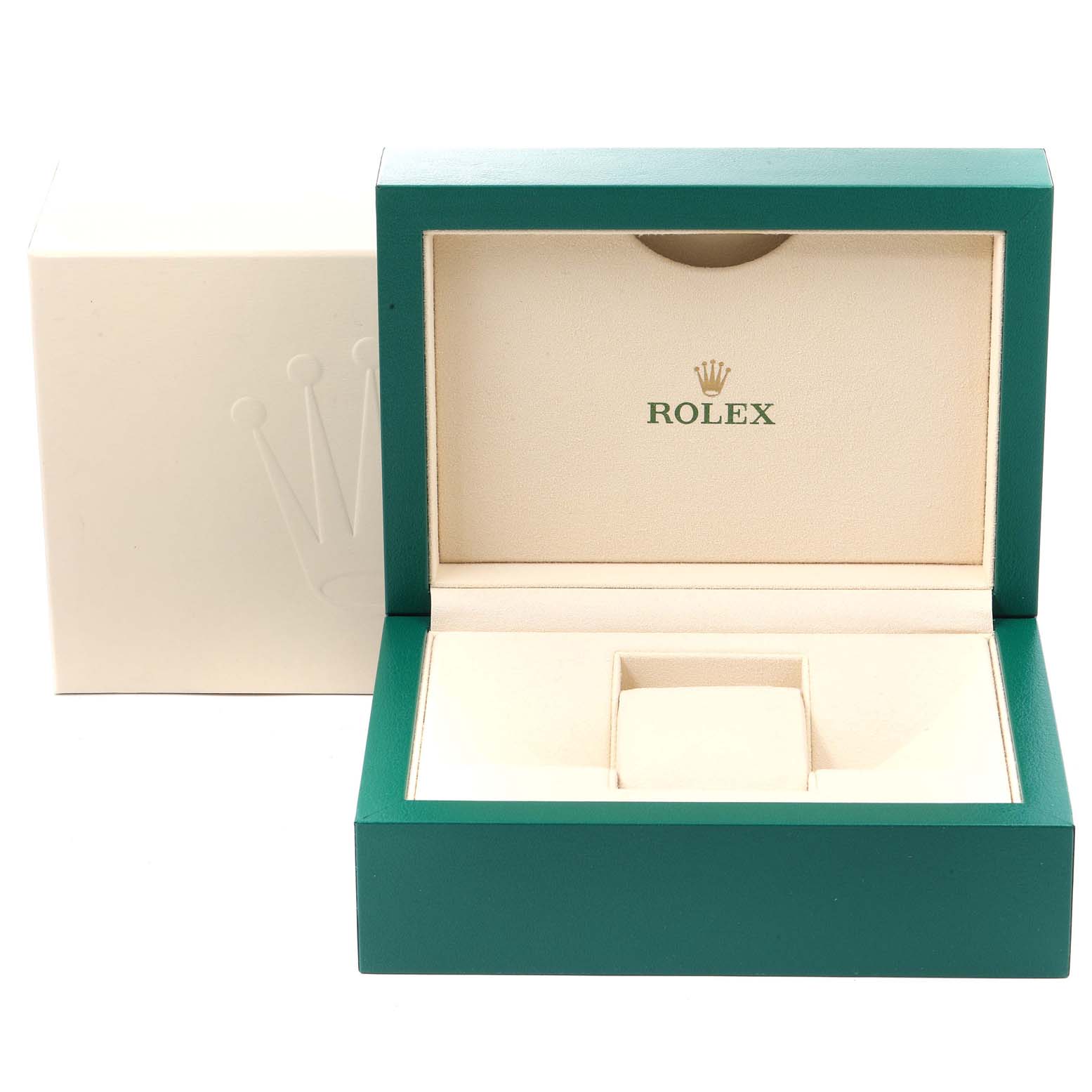 This image shows an open green and beige Rolex watch box for the Mid-Size model, showcasing the brand logo.